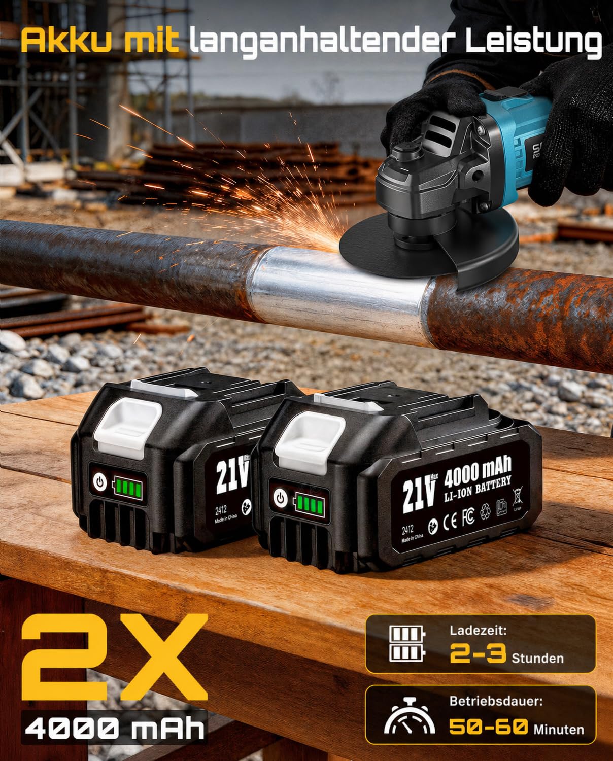 SEESII Akku Winkelschleifer 125 mm, 21V Flex Winkelschleifer mit 2x 4000mAh Akku, 10,000RPM Trennschleifer Set mit 4x Schneidrad, 2x Fächerrad, für Metall Präzises Trennen und Schleifen