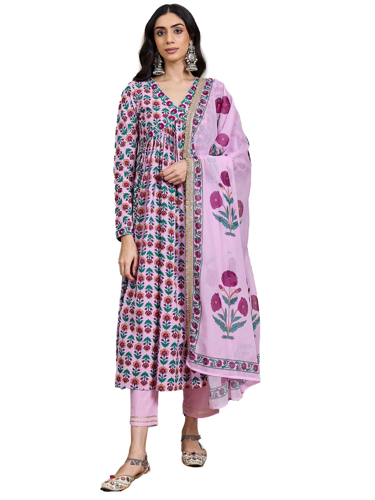 indo era Women's Pure Cotton Ethnic Motifs Printed A-Line Kurta & Pant With Dupatta Set (IEBGC11893)-picture-12