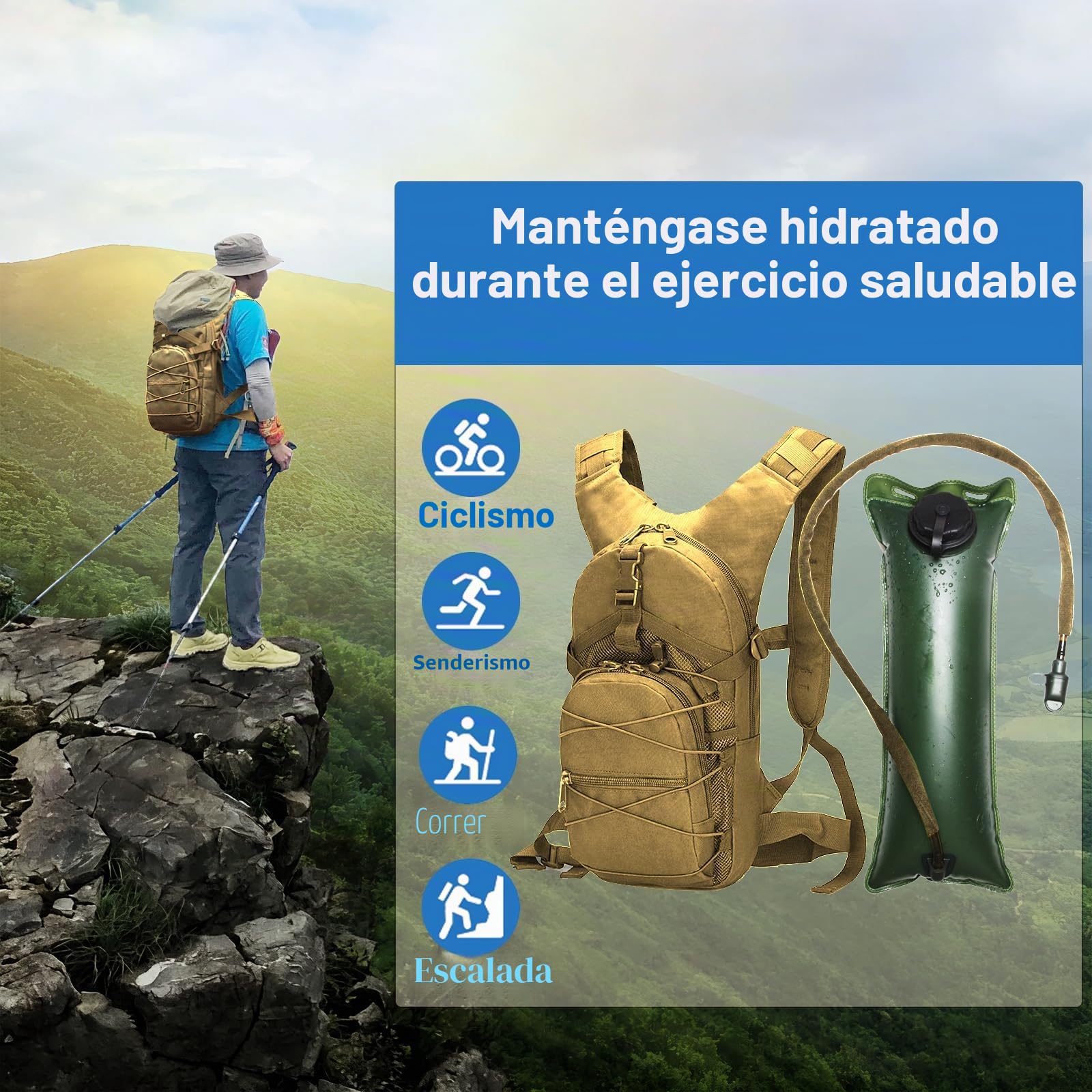 La Mochila táctica RAPIDSKY con Bolsa de Agua de 3 litros, diseño de Gran Capacidad, Unisex, Ideal para Senderismo/Ciclismo/Carrera/Caza.
