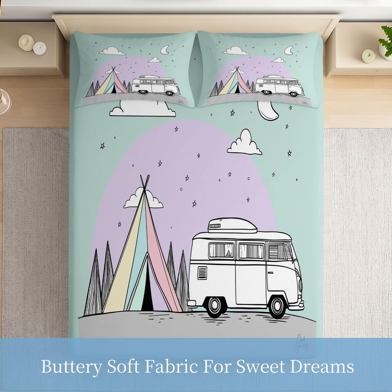 Lenzuolo con angoli per letto singolo, con tasca profonda 30 cm, morbida microfibra spazzolata, con 2 federe, traspirante, resistente allo sbiadimento, 90 x 190 cm, motivo: cielo stellato, camper