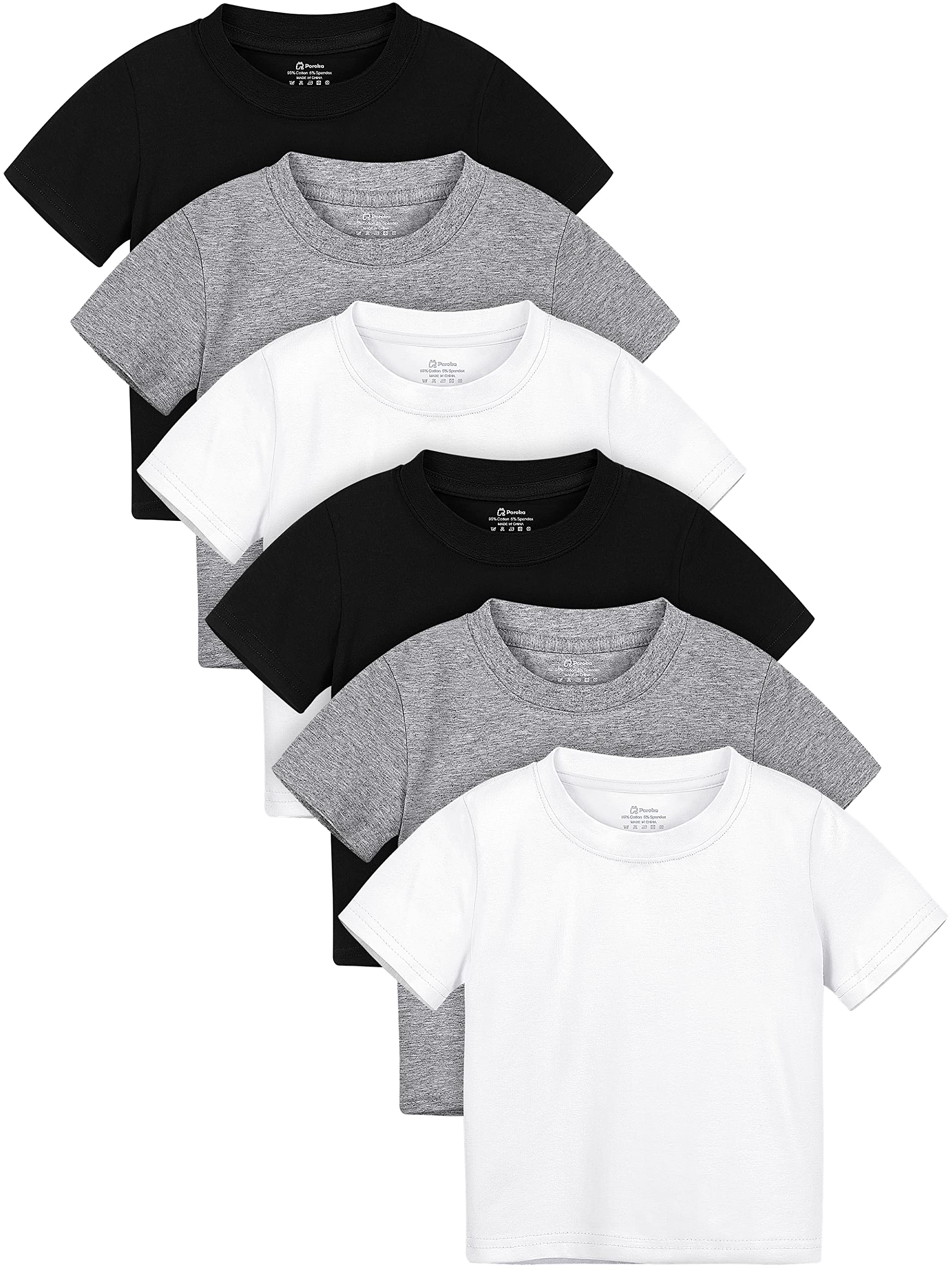 Poroka6 Pack Baby Toddler Boys Solid Short-Sleeve Tee Shirts Infant Cotton T-Shirt with Crew Neck for Toddlers