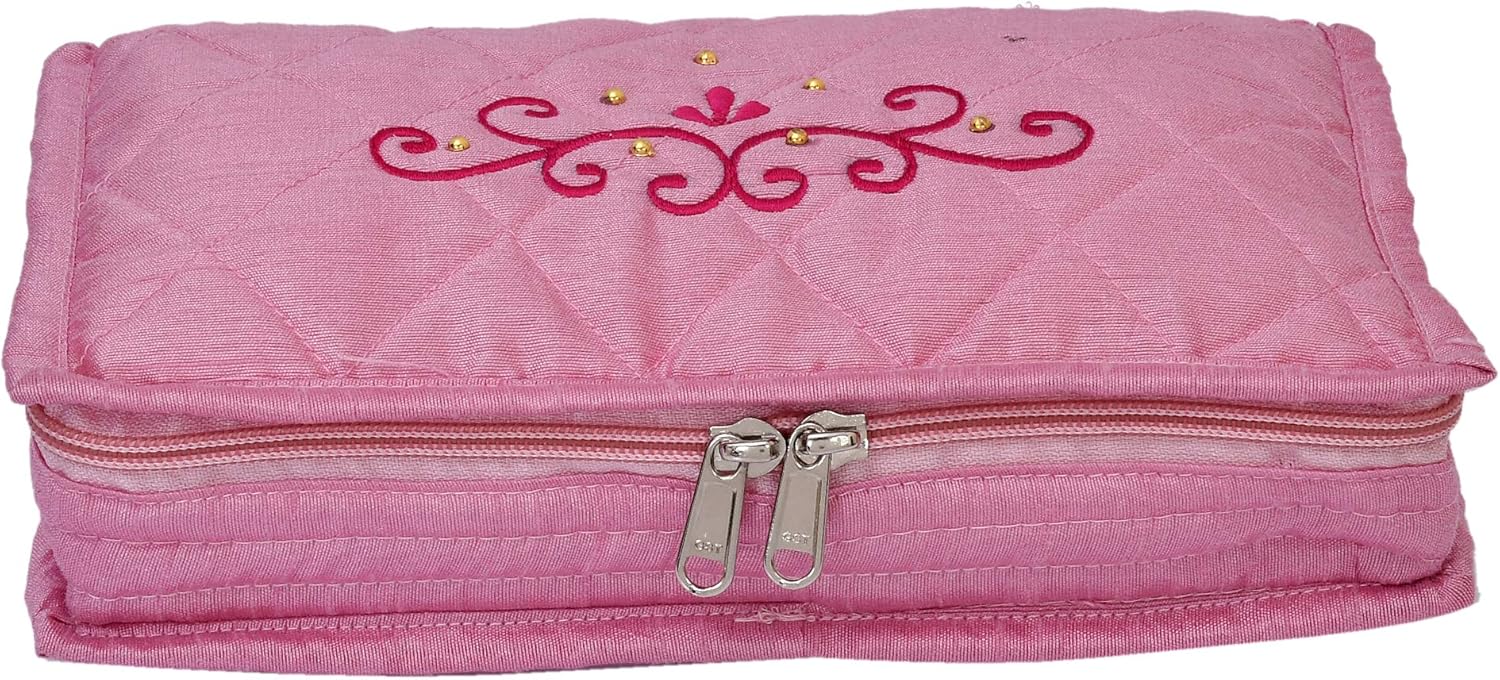 Kuber Industries Embroidery Design 2 Pieces Satin Jewellery Pouch Cum Makeup Kit (Maroon & Pink)
