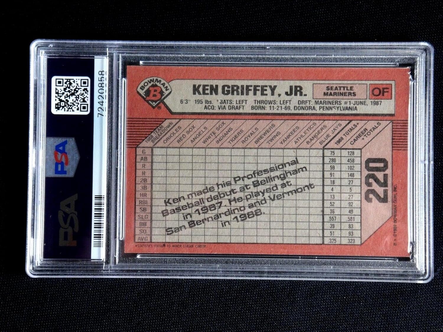 Ken Griffey Jr. 1989 Bowman Baseball Rookie Card #220 Psa 8 Nm/mt Mariners Rc - Baseball Slabbed Rookie Cards