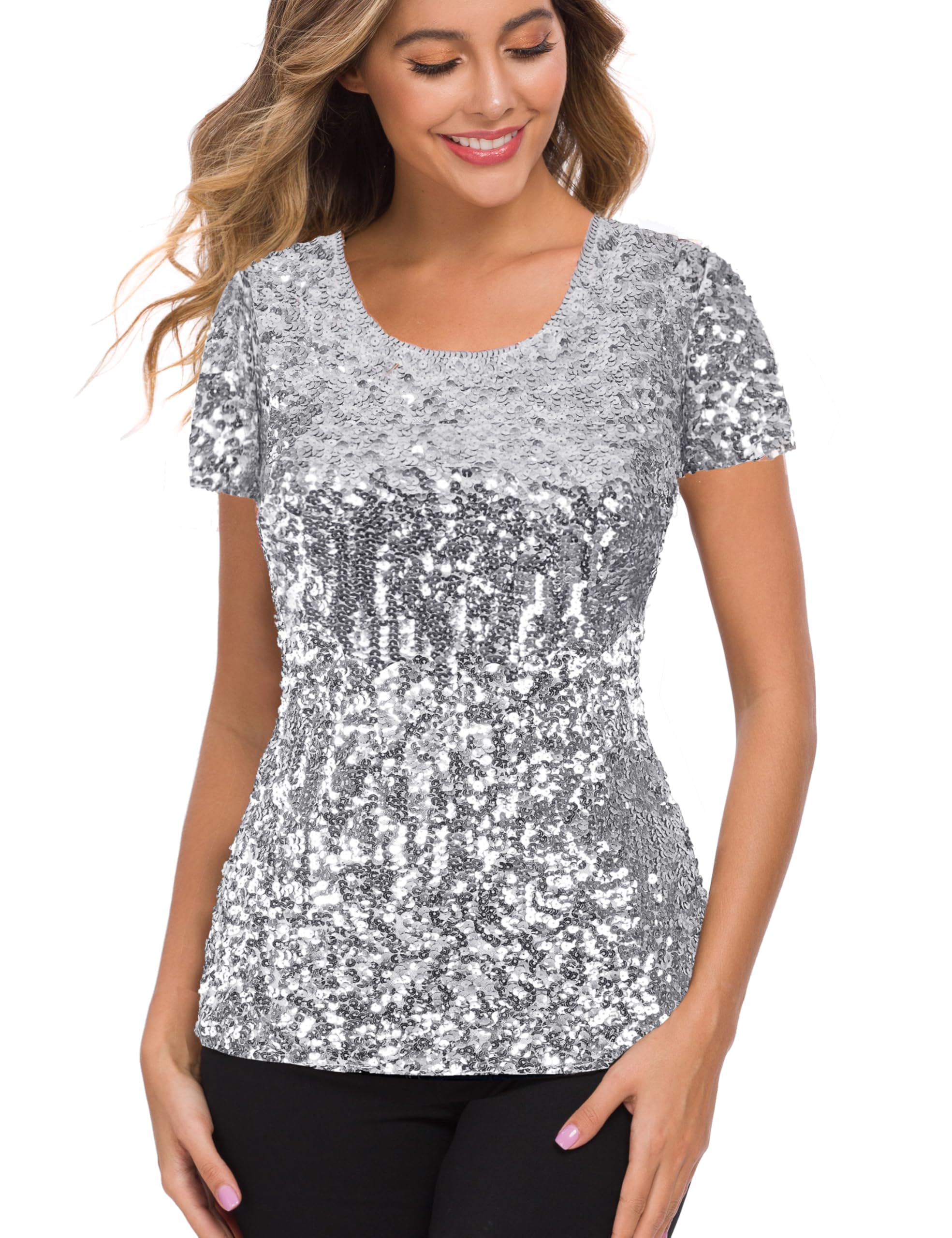 MANER Women’s Full Sequin Tops Glitter Party Shirt Short Sleeve Sparkle Blouses S-4X