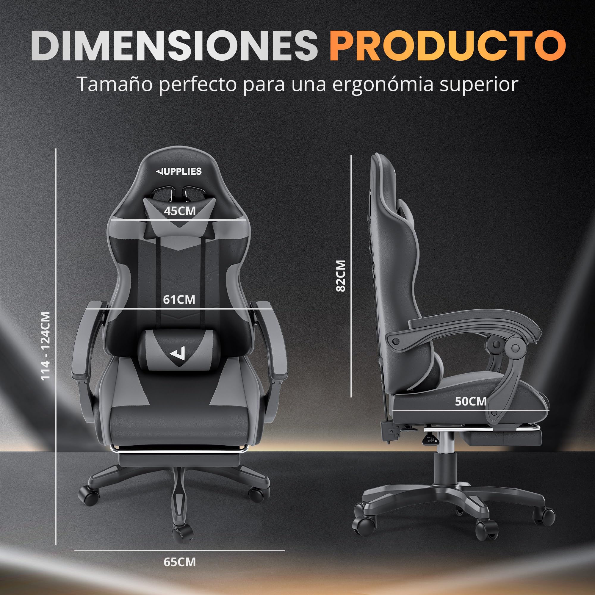 JUPPLIES Silla Gaming Profesional con Masajeador - Silla de Oficina Ergonómica, Altura Regulable y Respaldo Abatible - Silla Gamer (Gris, Acolchado Arriba, con Reposapiés)