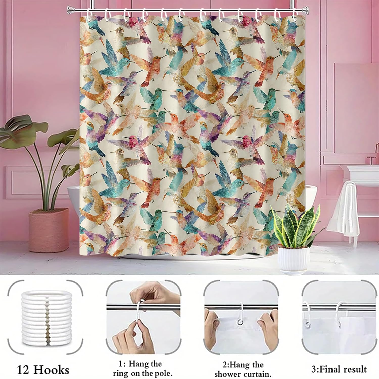 Colorful Hummingbird Shower Curtain 72x72 Inch with Hooks Vibrant Watercolor Birds Fabric Bathroom Decor for Nature Lovers Tropical Wildlife Theme Bathtub