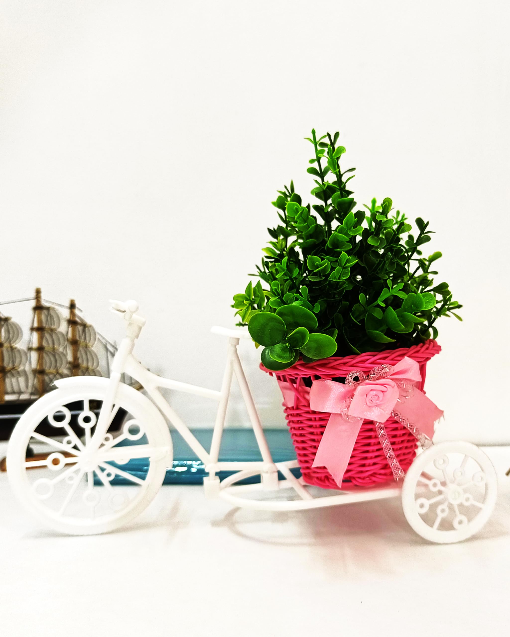 Fake Peonies Flowers with Cycle Shape Basket Living Room, Bedroom Decor Artificial Flowers Office Table Decor Mini Faux Topiary Kitchen Cabinet Decorations (WhiteCycle-GreenFernPlant)