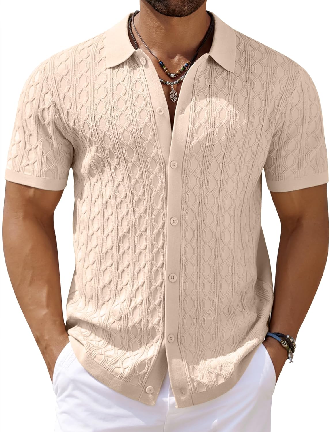 COOFANDY Men's Knit Short Sleeve Shirts Button Down Vintage Knitted Polo Shirt Casual Beach Crochet Cable Vacation Shirt