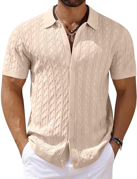 COOFANDY Men's Knit Short Sleeve Shirts Button Down Summer Polo Shirt
