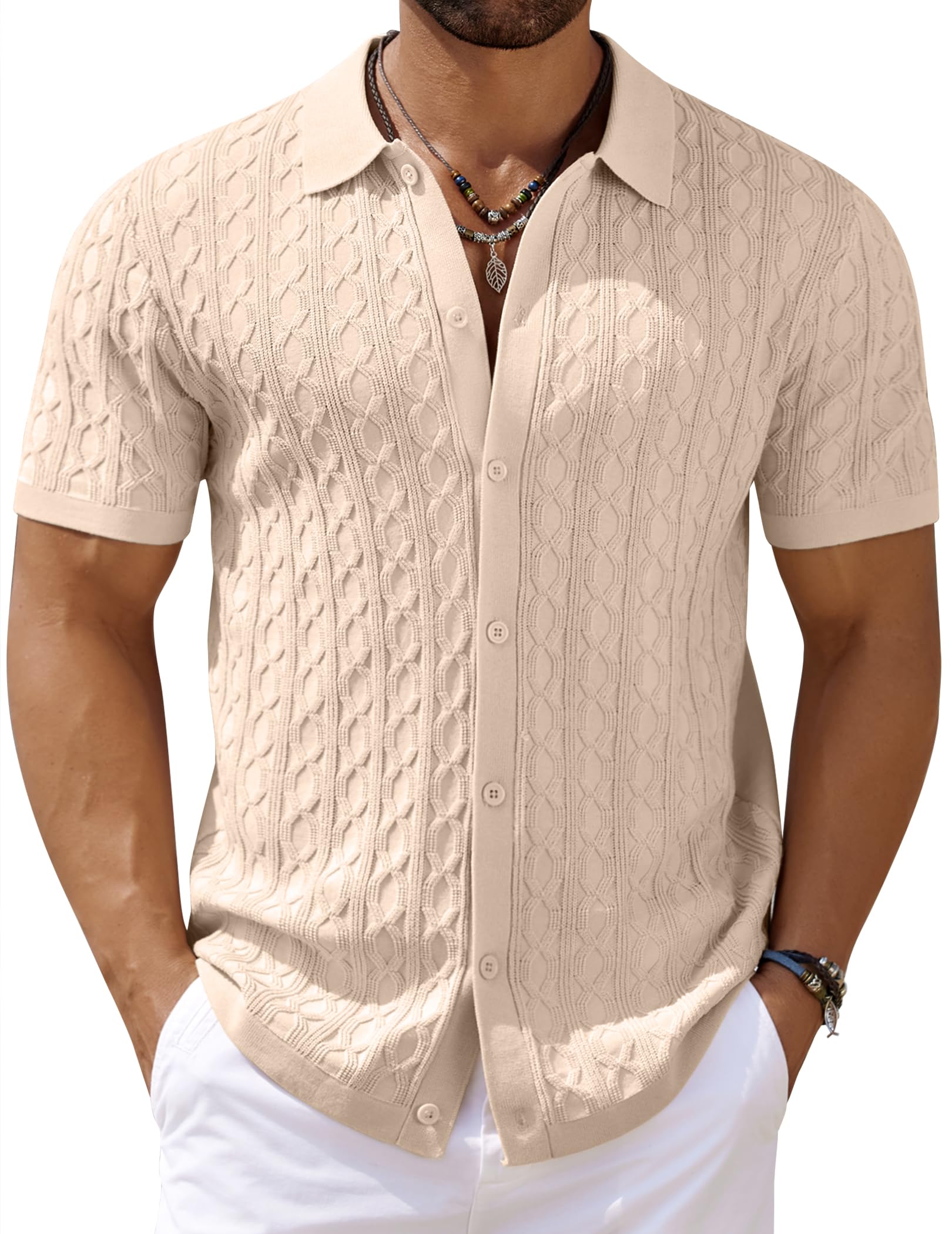 COOFANDY Men's Knit Short Sleeve Shirts Button Down Vintage Knitted Polo Shirt Casual Beach Crochet Cable Vacation Shirt