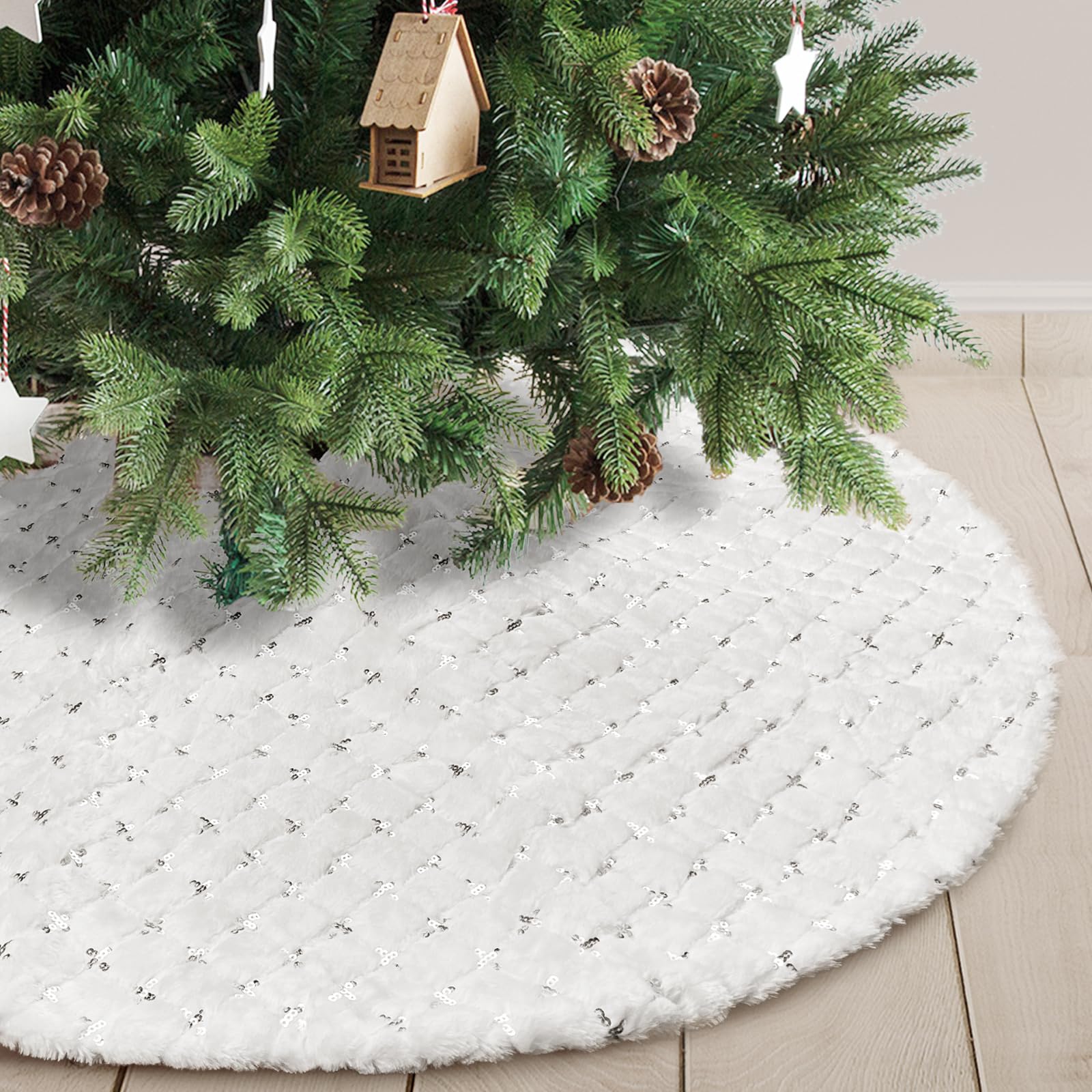 Atiming White Plush Christmas Tree Skirt with Silver Sequin Cross, 30 inches Luxury Xmas Tree Base Cover Mat with Faux Fur Trim Border for Christmas Home Party Decorations (Silver, 78cm)
