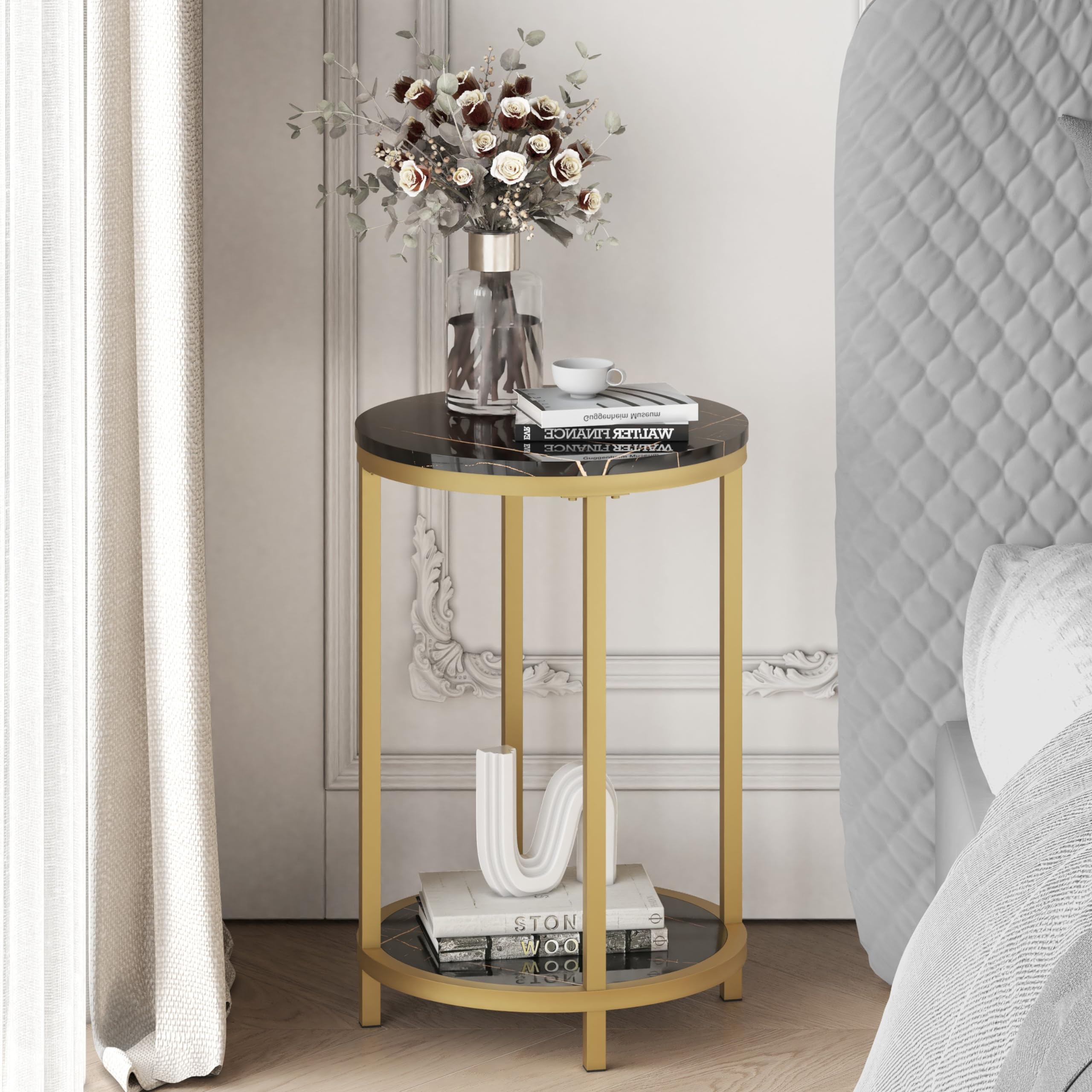 WiberWi Round Side Table, Modern Nightstand End Table with Gold Metal Frame &Faux Marble Top, Accent Bedside Table for Living Room Bedroom Small