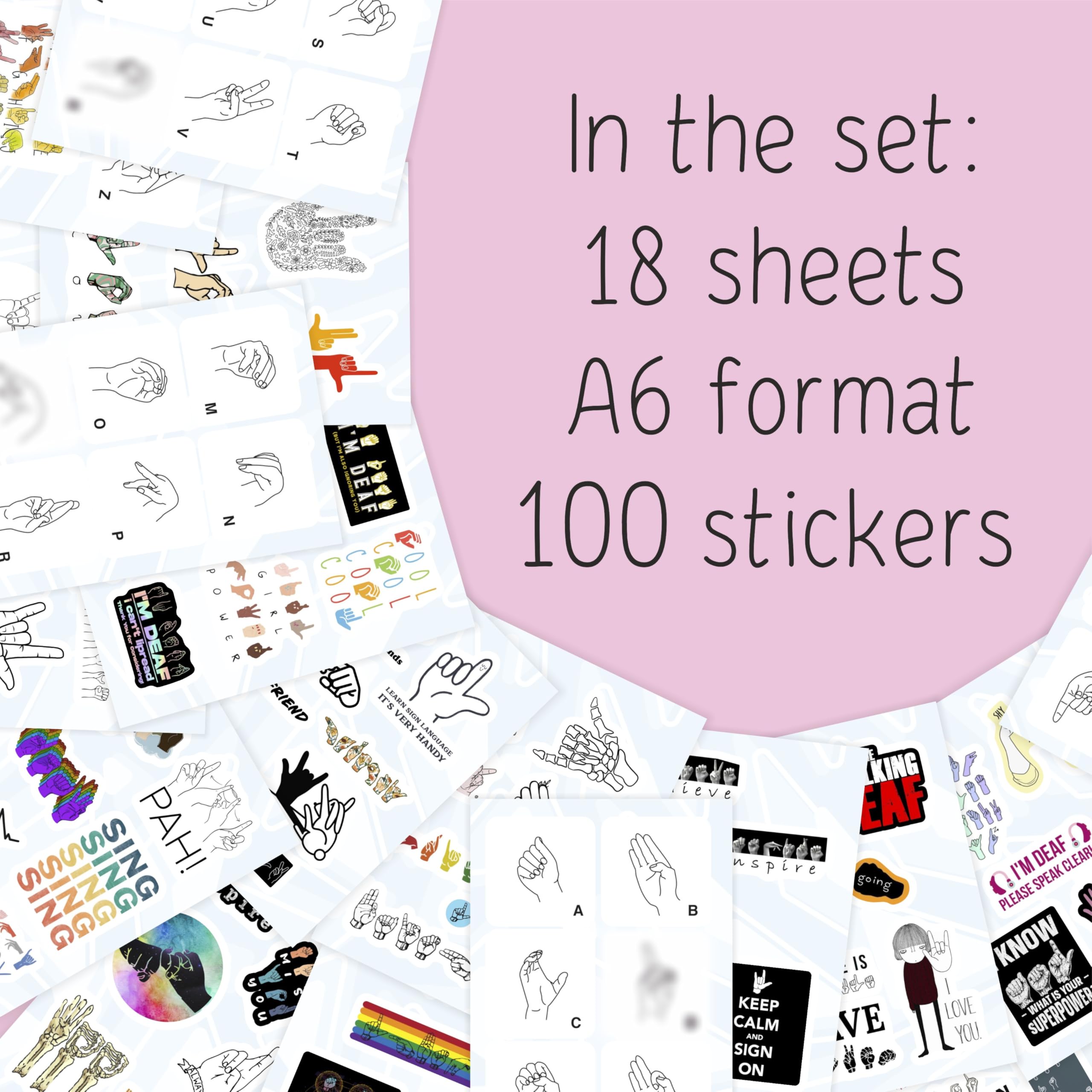 BulbaCraft 100Pcs Sign Language Stickers Alphabet, ASL Stickers for Water Bottle and Laptop - Sign Language Party Favors & Decorations, Waterproof Vinyl Decals, Gifts for Women & Men