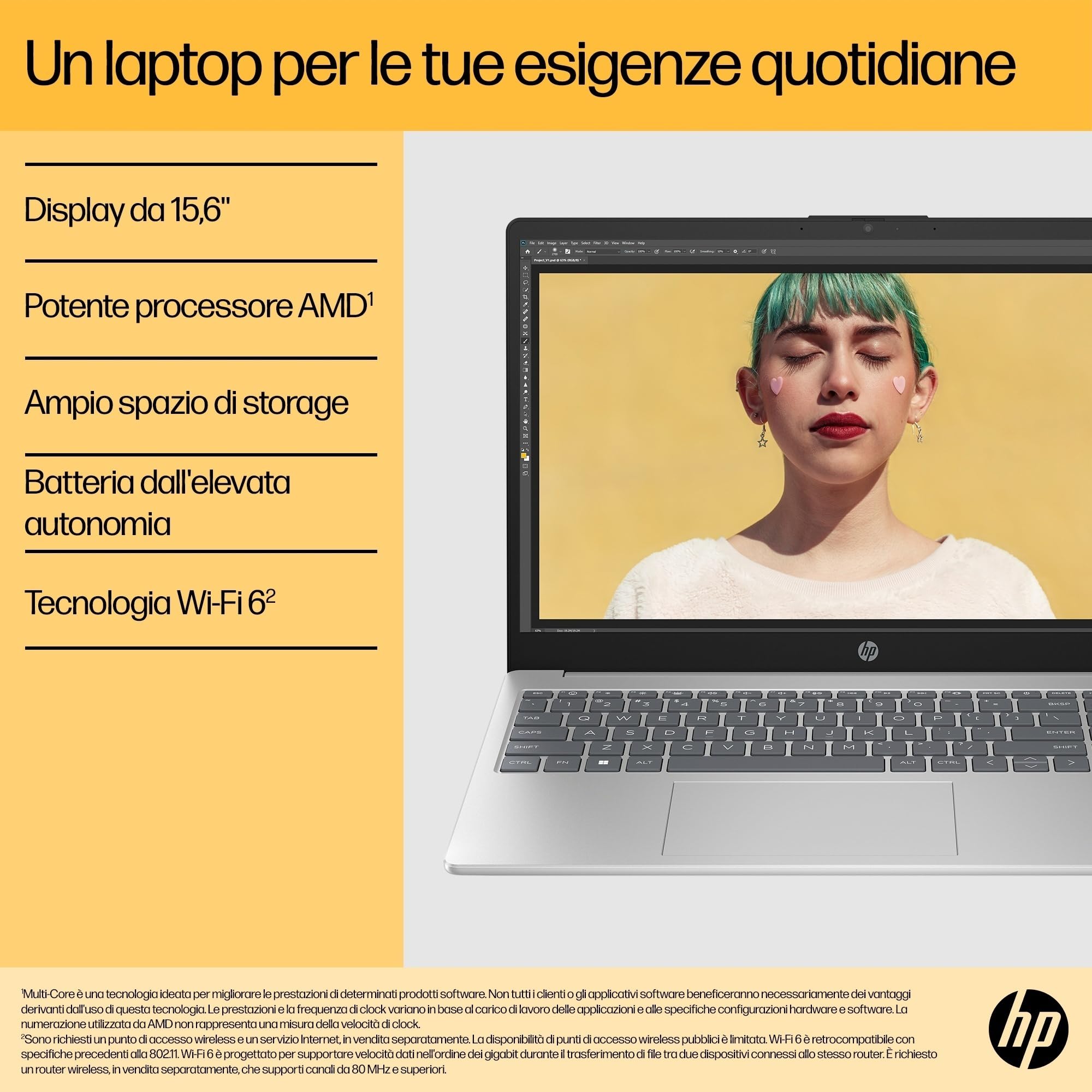 HP Laptop 15-fc0021sl, PC Portatile 15", Display FHD, Notebook, (AMD Ryzen 7 7730U, RAM 16GB, SSD 1TB, Windows 11), Computer Portatile, Uso quotidiano, Tastiera Italiana, QWERTY, Argento