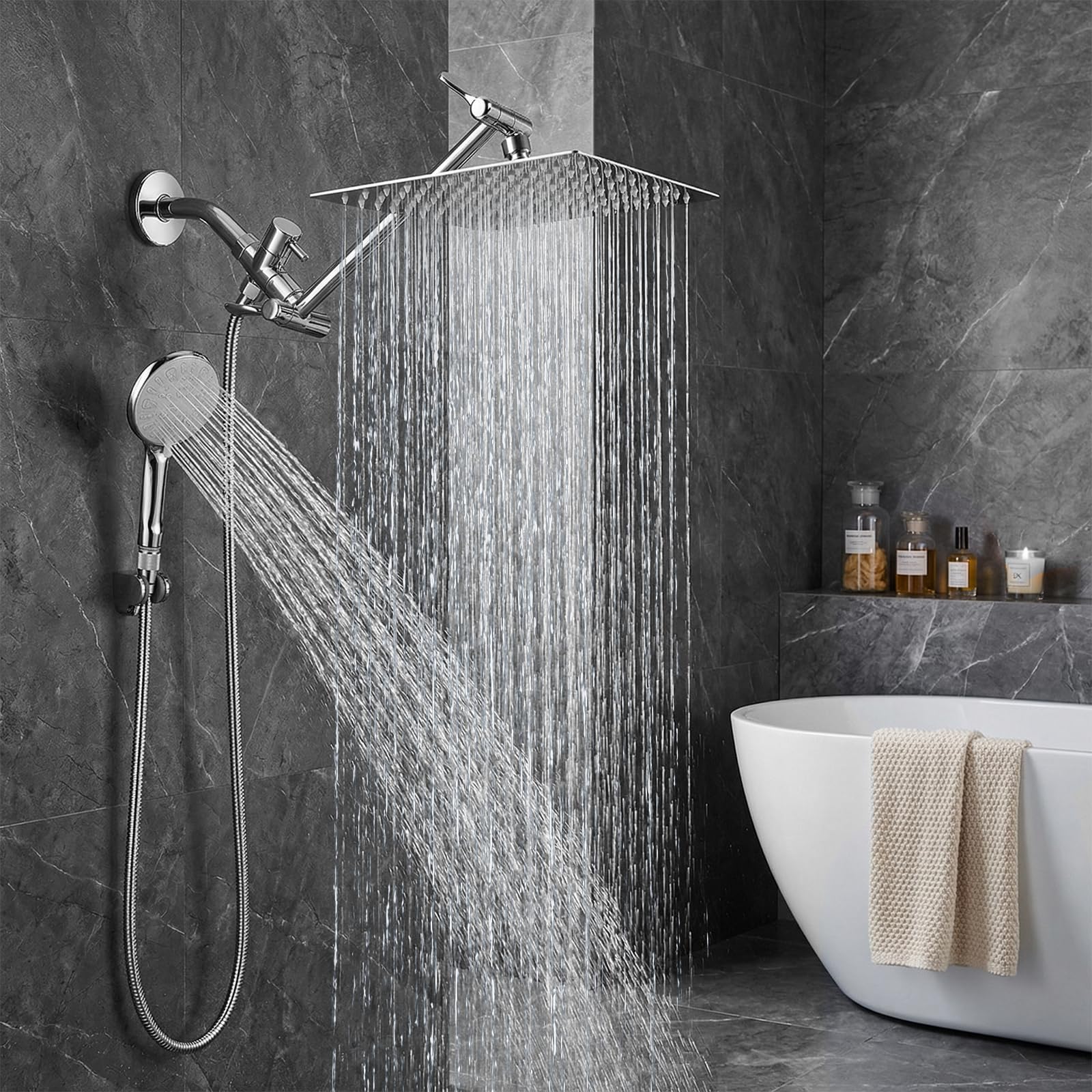 Cabezal de ducha de alta presión de 10 pulgadas, cabezal de ducha de mano con brazo de extensión de 11 pulgadas, cabezal de ducha ajustable antifugas con soporte, altura y ángulo ajustable, cromado