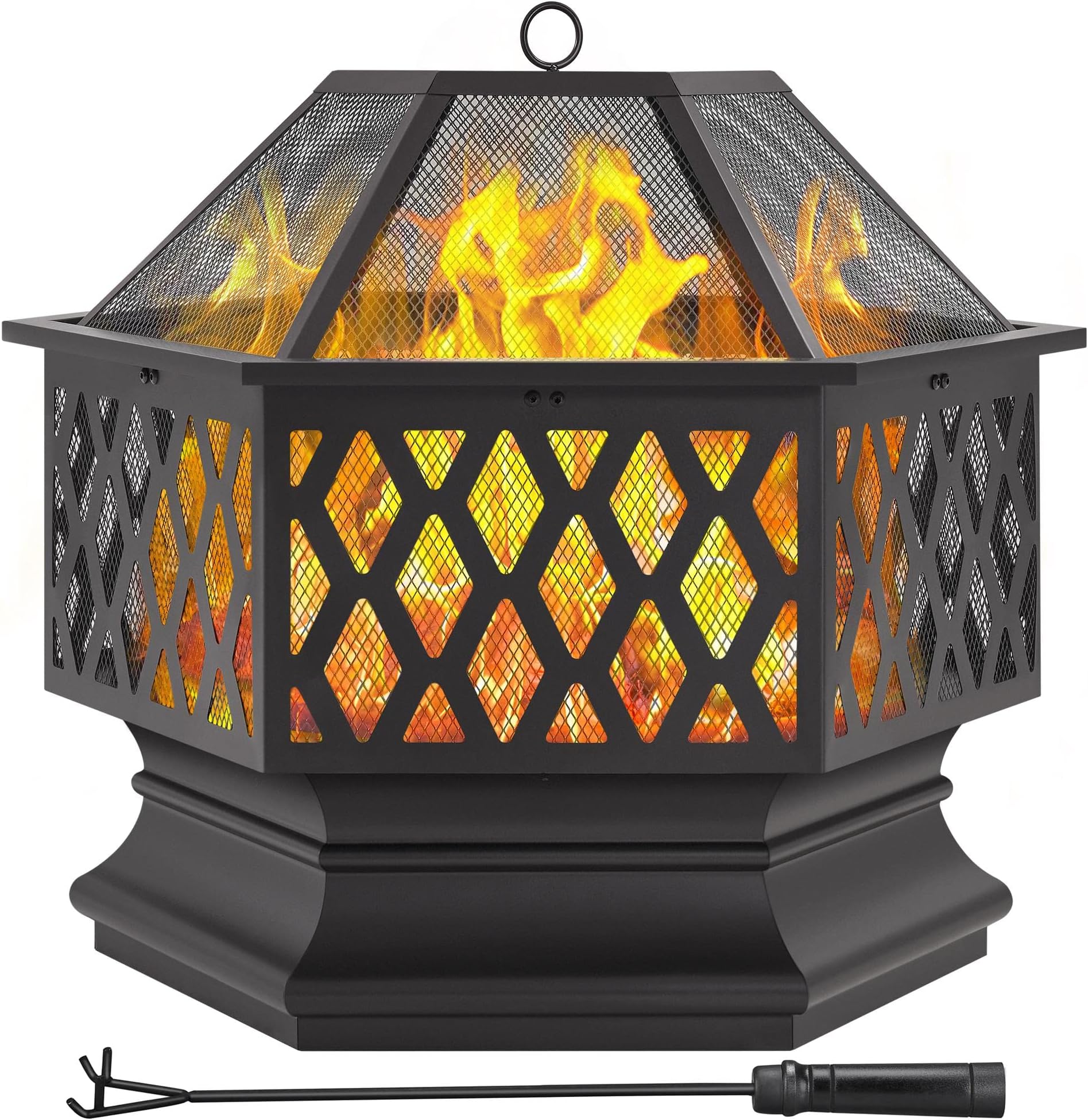 Yaheetech 66cm Fire Pit Hex-Shaped Wood Burning Outdoor Fire Bowl for Camping, Fire Pits for Garden with Spark Screen & Fire Poker
