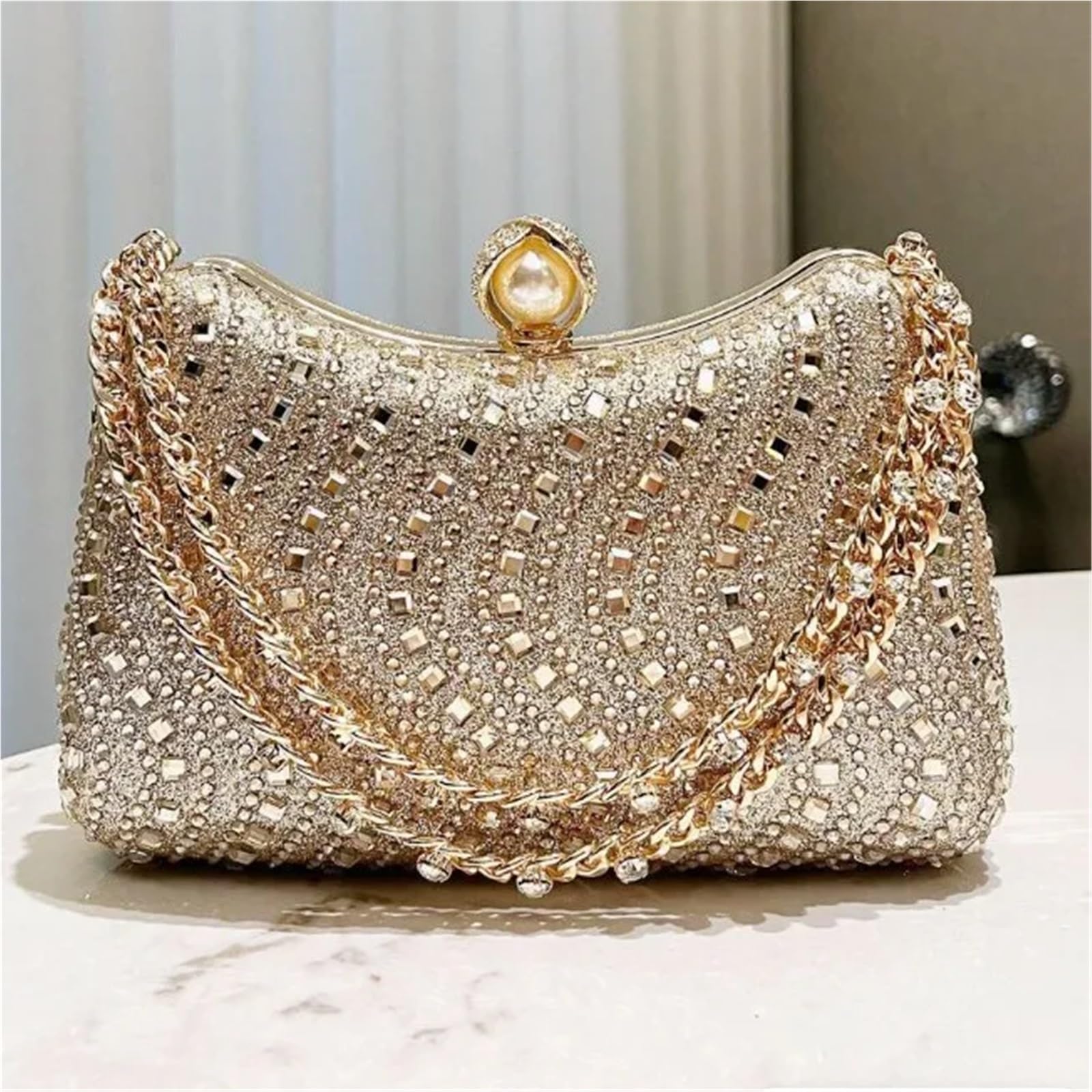 Bolso de noche con incrustaciones de diamantes de imitación finos, estilo retro, de lujo, dorado, plateado y azul, pequeño, for mujer, for boda o fiesta. Bolsos De Gala Con Strass