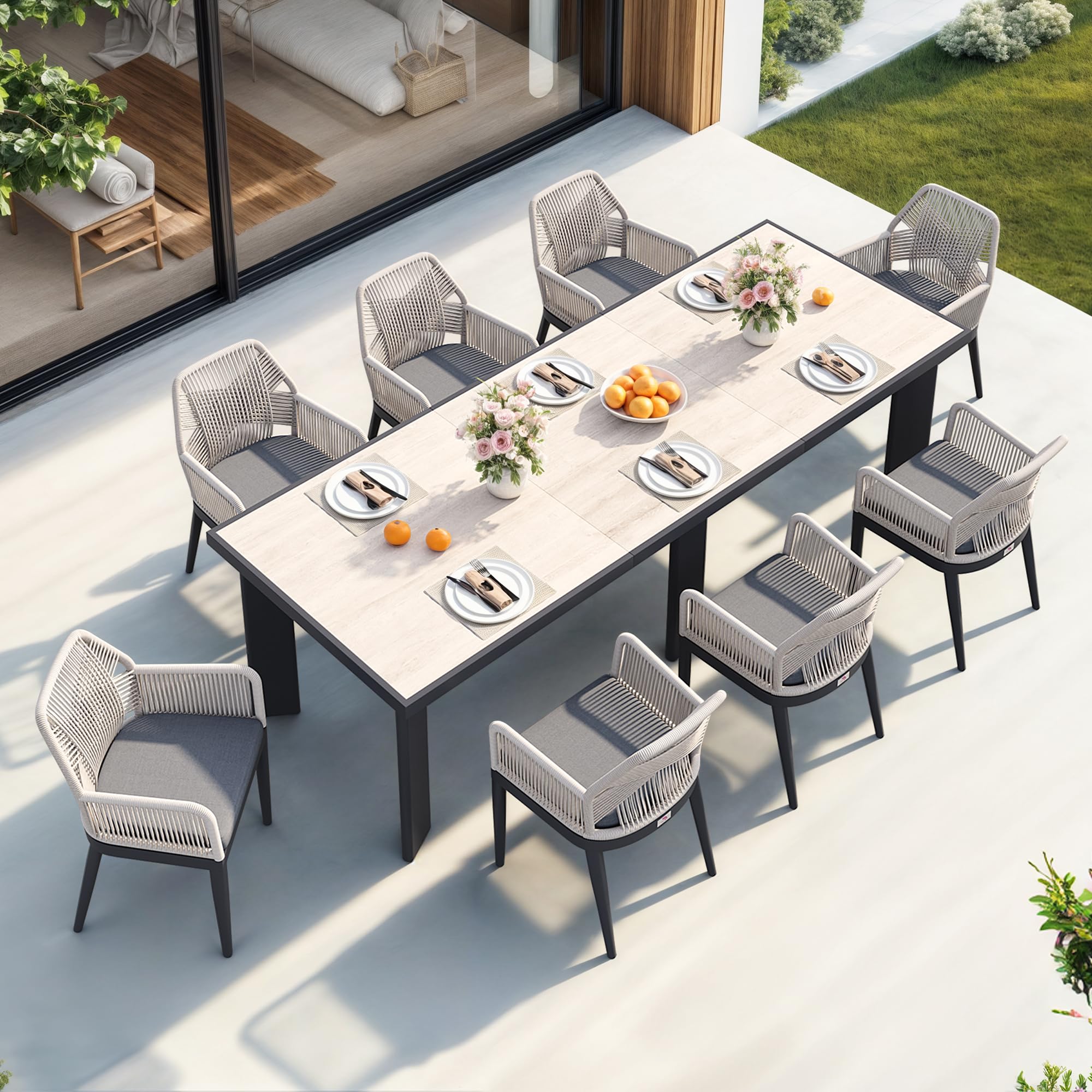 PURPLE LEAF 9 Pieces Patio Dining Set Aluminum Modern Rectangular Table and Rattan Arm Chairs with Cushions for Kitchen Porch Garden Outdoor Furniture