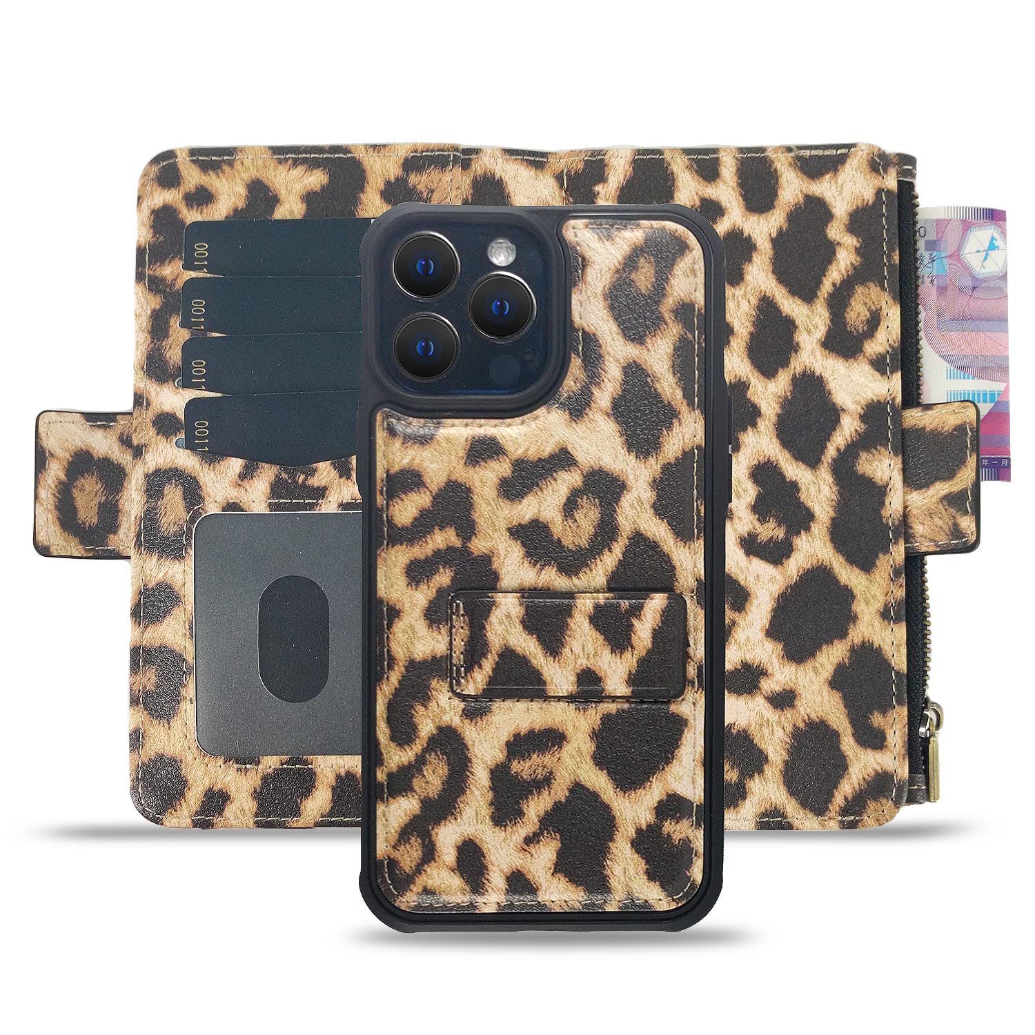 Wallet Case for iPhone 13 Pro Max, Gifts for Women Girls, Zipper Case with Card Holder Slot, Magnetic Detachable Zipper Purse with Handle Strap, PU Leather Cover (iPhone 13 Pro Max, Leopard)