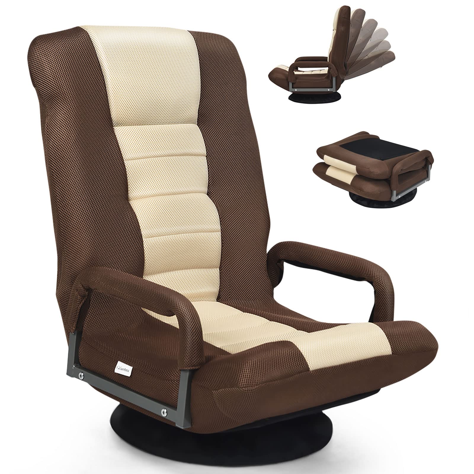 GOPLUS Sillón Relax Plegable Giratorio 360° | Silla Perezosa con Respaldo Ajustable en 5 Posiciones, Reposabrazos, 85 x 75 x 55 cm, Carga 120 kg (Marrón)