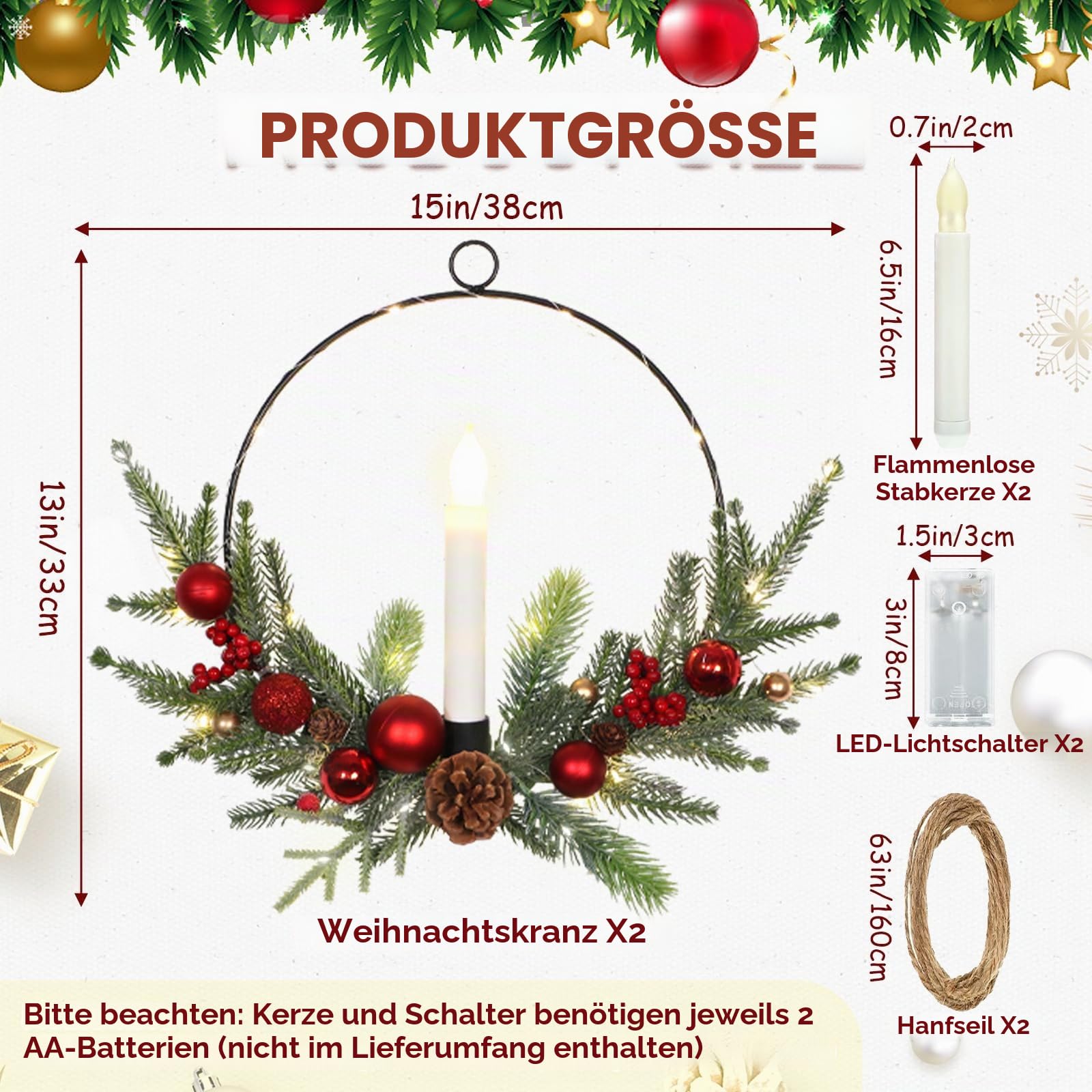 Dremisland 2er Set Weihnachtskranz mit Kerzen Lichtern 40 Prelit Weihnachtsreifen Kranz Bauernhaus Winter Tannenzapfen Türkranz Adventskranz Weihnachten Türschmuck für Haustür Veranda Kamin