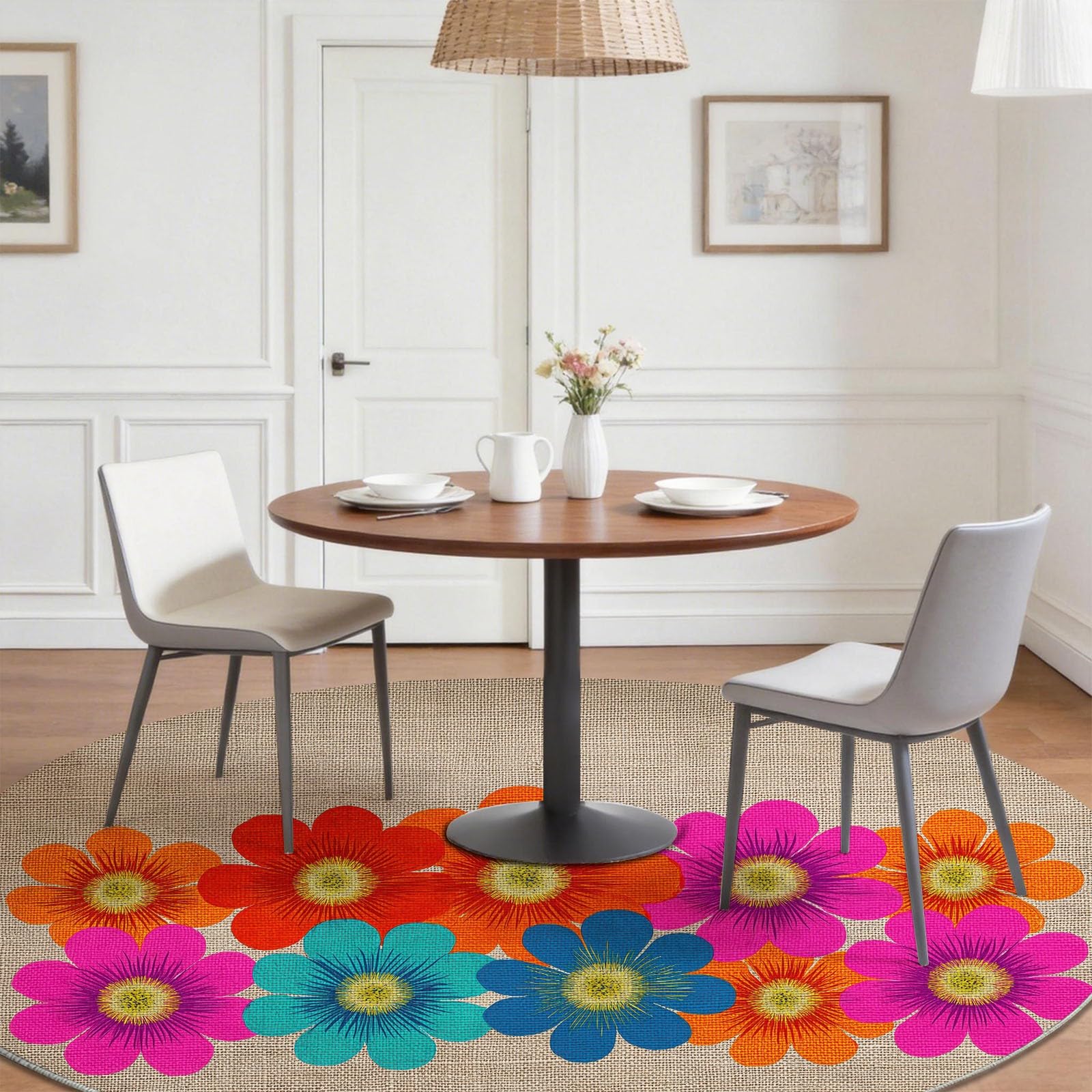 120 cm okrągły dywan do salonu z krótkim włosiem, styl boho, styl retro z lat 70. XX wieku, miękka i wygodna, wielokolorowa, zmywalna i antypoślizgowa, do salonu sypialni