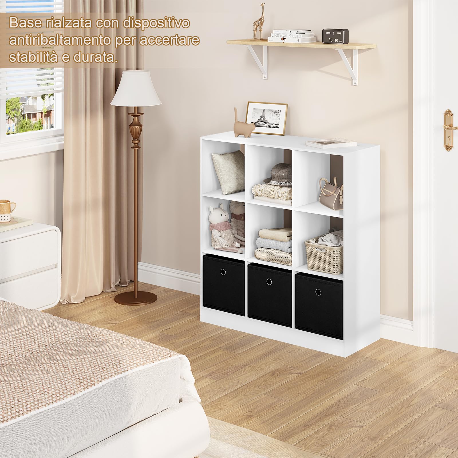 WOLTU Libreria Bianca, Libreria a 9 Cubi Portaoggetti, Scaffale in Legno con 3 Cassetti in Tessuto Non Tessuto, per Soggiorno, Camera da Letto, Ufficio, 80x30x86,5 cm, SK041ws
