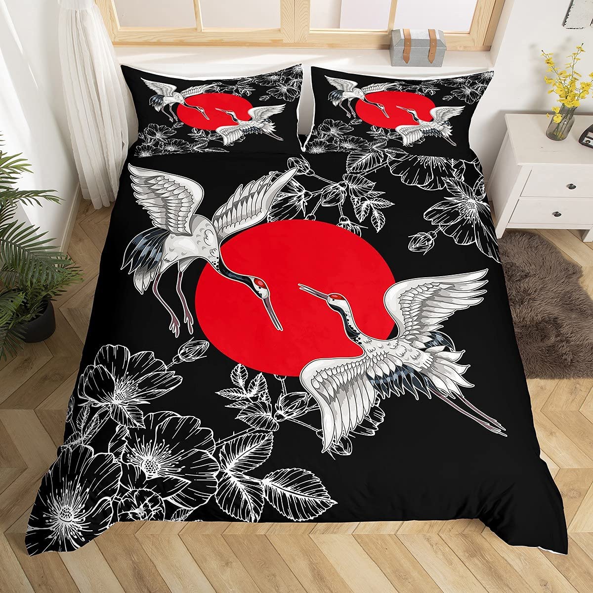 3D Boys Japanese Ukiyoe Comforter Cover Chinese Crane Duvet Cover for Kids Girls Teens Hokusai Floral Sun Pattern Bedding Set Japanese Style Bedding & Linen with 1Pillowcases 2Pcs Bedding Single โ image 1