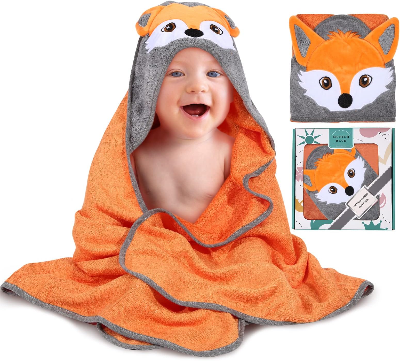 Fox Style Rayon Baby Hooded Bath Towel & Washing Glove Set Size 40x28”, Soft and