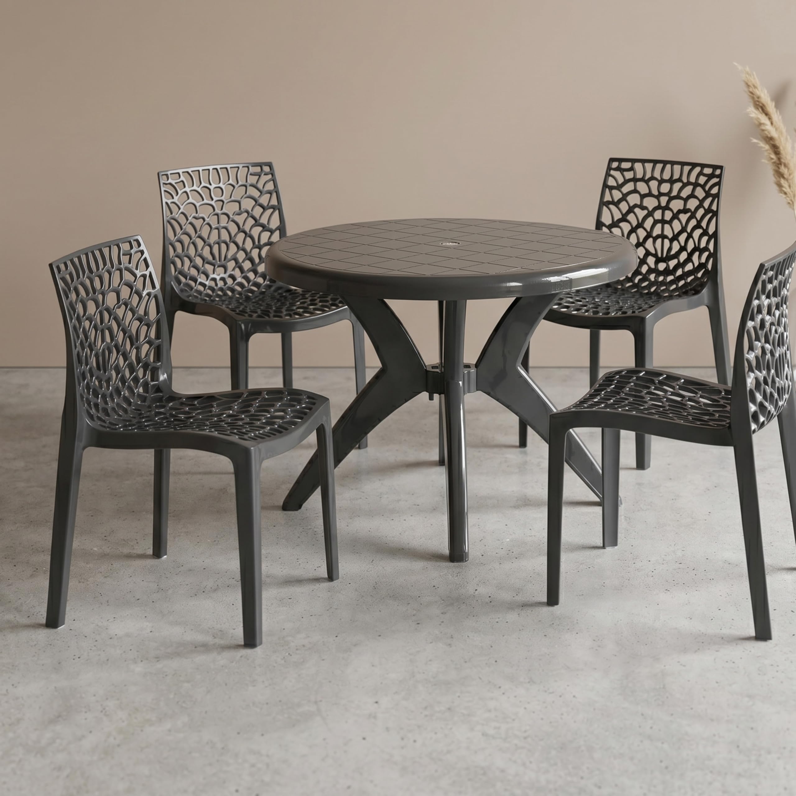 Supreme Web Chair & Marina Table 5-Piece Set | Heavy Duty Plastic 4-Seater Dining Set for Living Room, Garden, Cafe & Outdoor Balcony, Color: Black-image-2