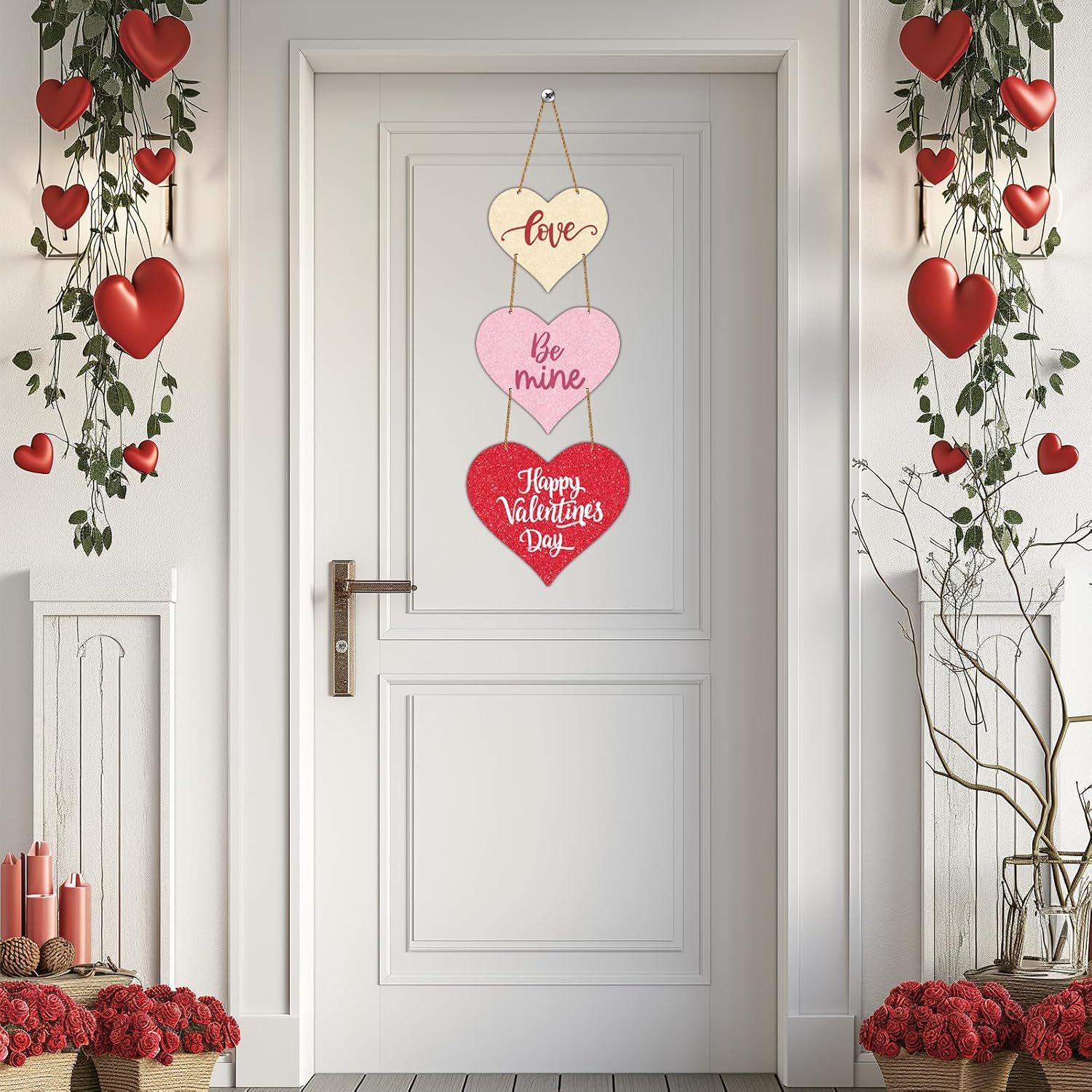 Valentines Day Door Decorations Happy Valentines Day Sign Heart Wreath Wall Decor Hanging Decorations Wooden Wreaths for Front Door Hanger for Porch Wall Indoor Home Decor