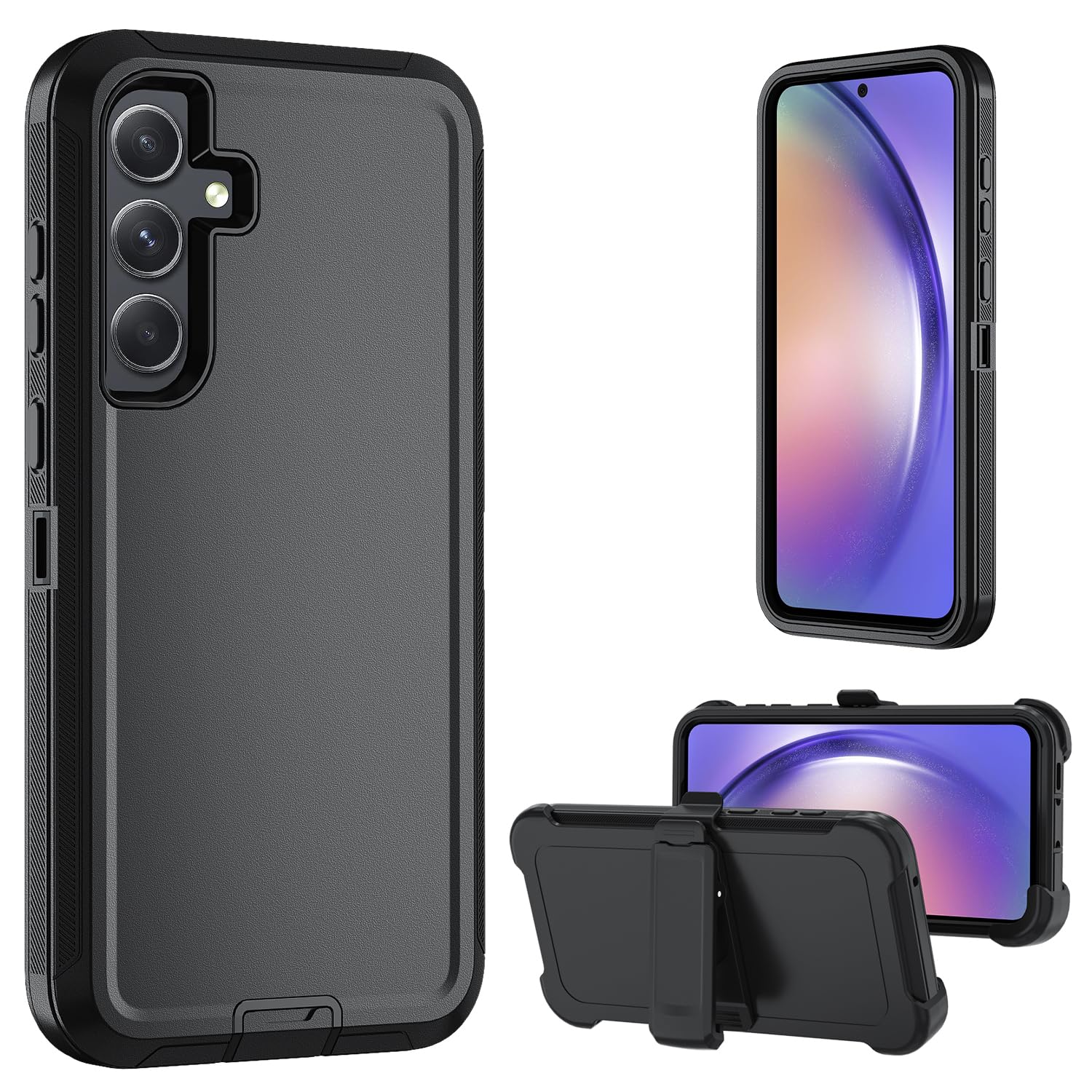 Nofnus for Samsung Galaxy A55 5G case,A55 5G Heavy Duty case,with Belt-Clip and Tempered Glass Screen Protector, [Military Grade Protective ] [Shockproof] [Dropproof] [Dust-Proof] (Black)
