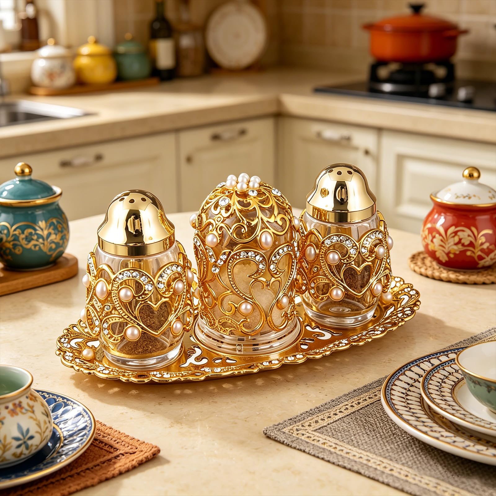 Goldfarbene Gewürzgläser mit klarem Glas und Perlenverzierungen, Gewürzbehälter, goldene ausgehöhlte Gewürzgläser