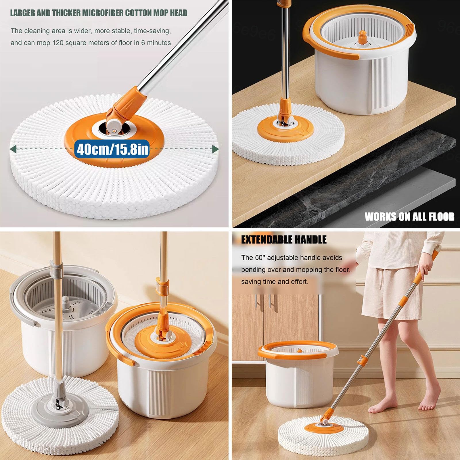 AMNOOL Juego de Limpieza de Piso con Cubo y Fregona Giratoria con 5 Recambios de Almohadillas para Fregona | Fregona Autolimpiante Seca/húmeda | para Madera Dura, Madera, Laminado, Azulejos,Orange