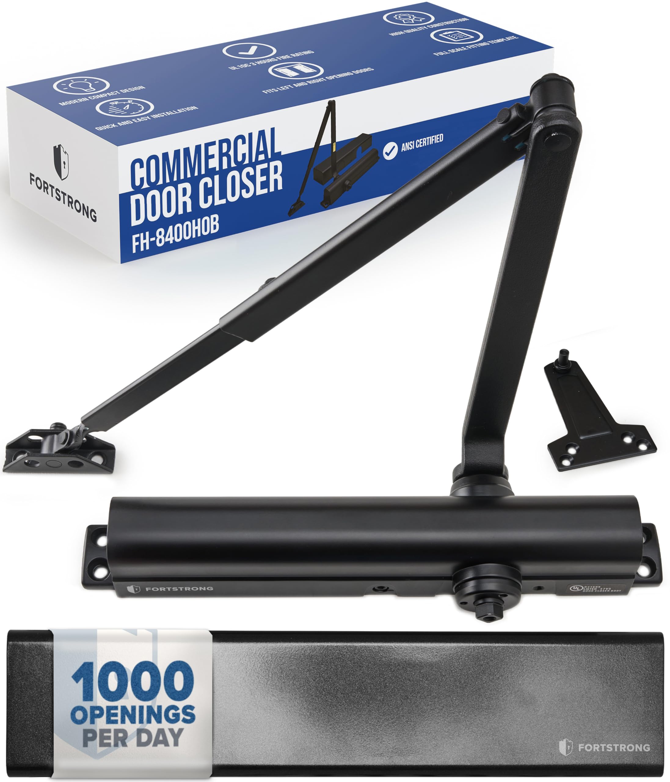 Fortstrong Fh-8400Hob Commercial Door Closer - Fs-8400 Hob - Heavy Duty Adjustable Grade 1 Standard Automatic Door Closing Hinge - Ada Compliant - Hold Open Function-Black Finish