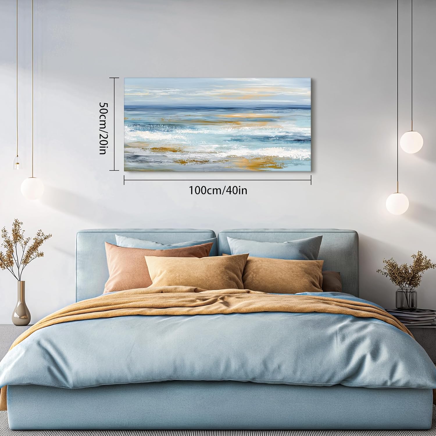 SLYCAY Large Abstract Coastal Canvas Wall Art, Gold Beach Sand Blue White Ocean Waves Modern Aesthetic Decor Minimalist Seascape Paintings Prints Hallway Bedroom Office Wall Decor 20"X40"