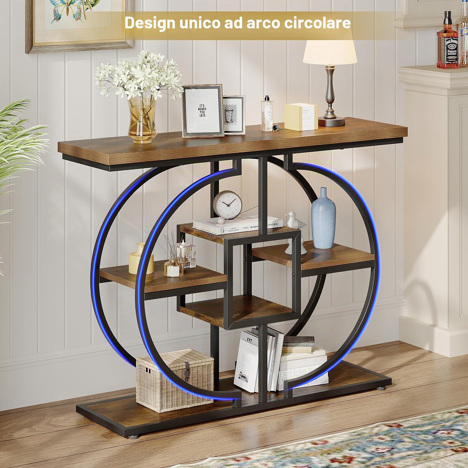 Trironsun - Tavolo consolle stretto per corridoio, tavolo da salotto rustico a 4 livelli con struttura circolare in metallo, tavolo industriale d'ingresso in legno con ripiani per soggiorno e ingresso