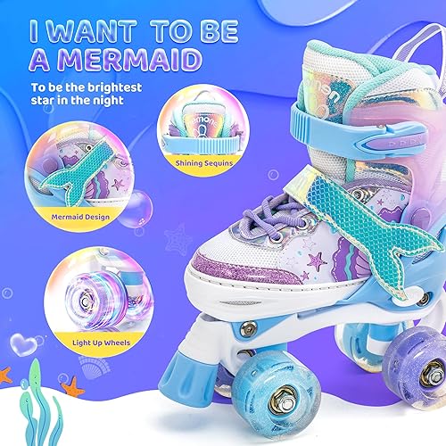 Miniatura 3 de NEMONE - Patines de sirena con ruedas iluminadas y 4 tamaños ajustables para niñas, azul y morado, para niños pequeños, para principiantes, de