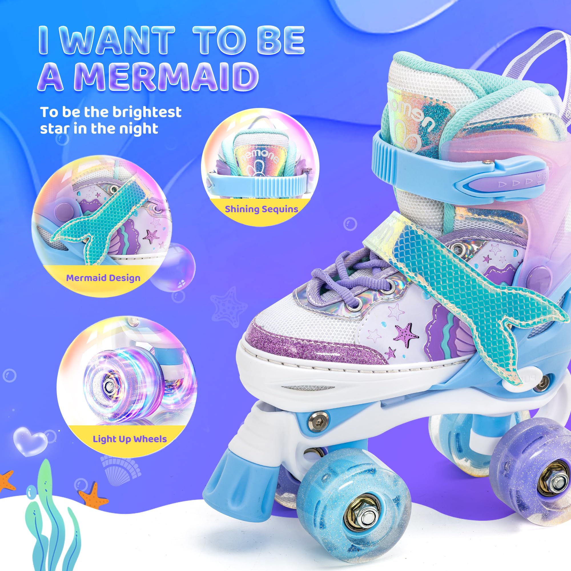 NEMONE Mermaid 4 Size Adjustable Light up Roller Skates for Girls, Purple Blue Skates for Toddlers, Beginner Kids Butterfly Roller Skates Indoor Outdoor