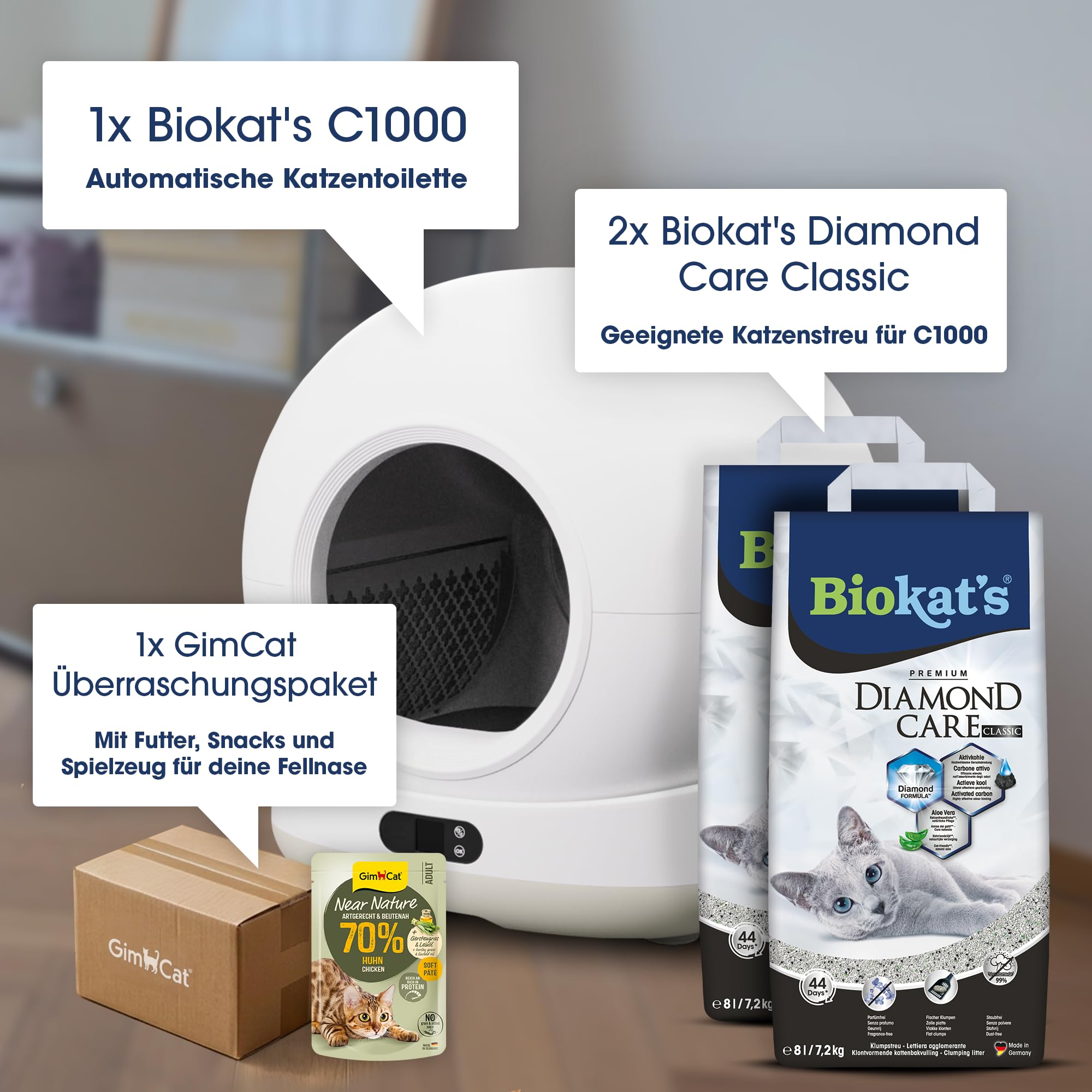 Biokat’s C1000 - Automatisches Katzenklo – Selbstreinigende Katzentoilette mit App – Inkl. Katzenklo-Matte & 3 Rollen Müllbeutel – 82 L XXL