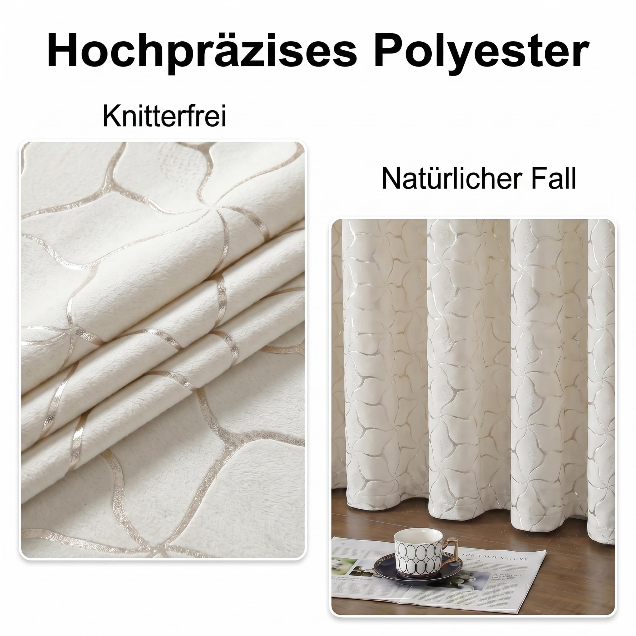 Cremeweiß Samtvorhang 2er Set mit Ösen, H 200 x B 140 cm, weich samtige Polyester Gardinen 75-80% verdunkelnd, goldfarbenes Gittermuster für Wohnzimmer Esszimmer Büro Fensterdeko