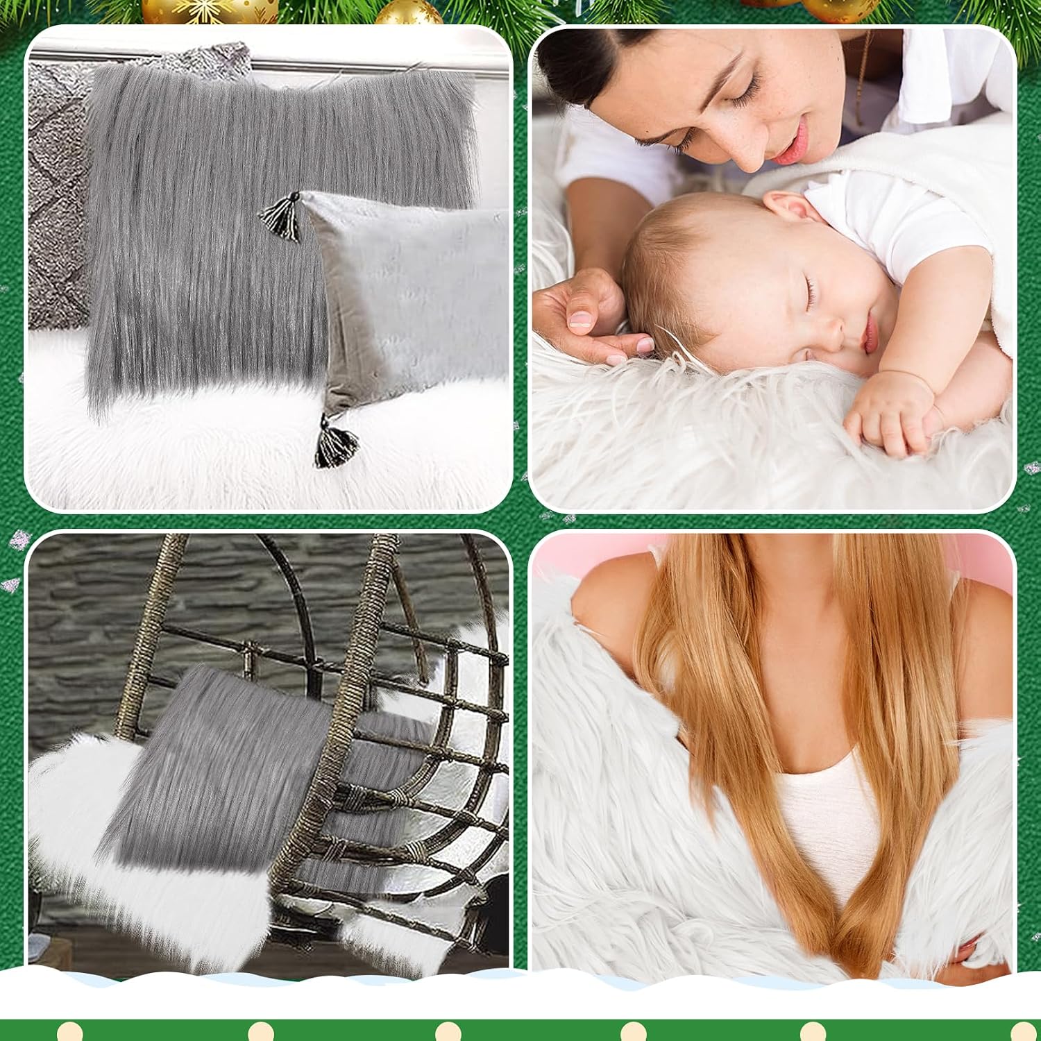 6 Pcs White and Grey Faux Fur Fabric, 10"×10" Artificial Fuzzy Fur Fabric