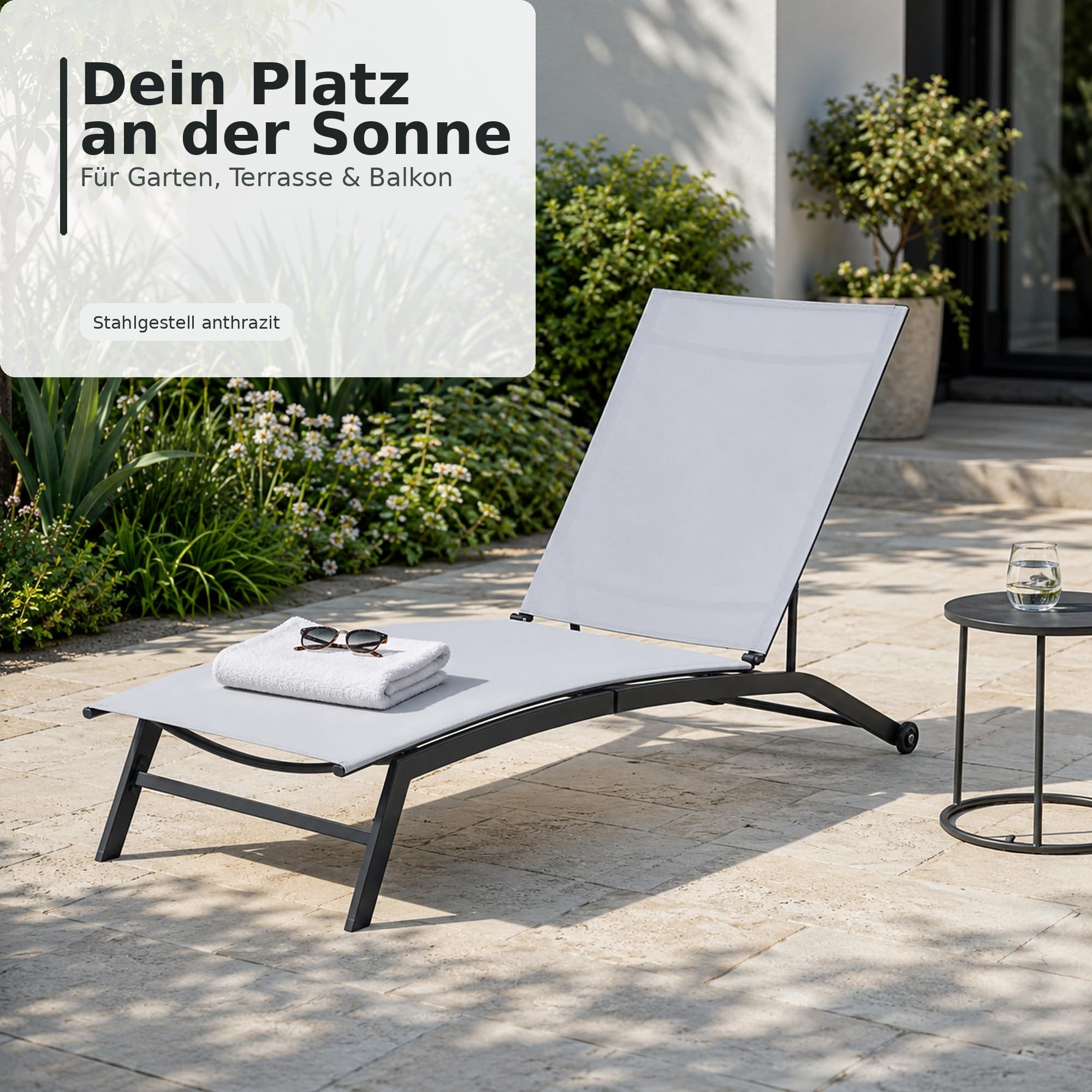Ondis24 Sonnenliege Miami Gartenliege mit Rollen Relaxliege aus Stahl anthrazit hellgrau für Garten, Balkon, Terrasse