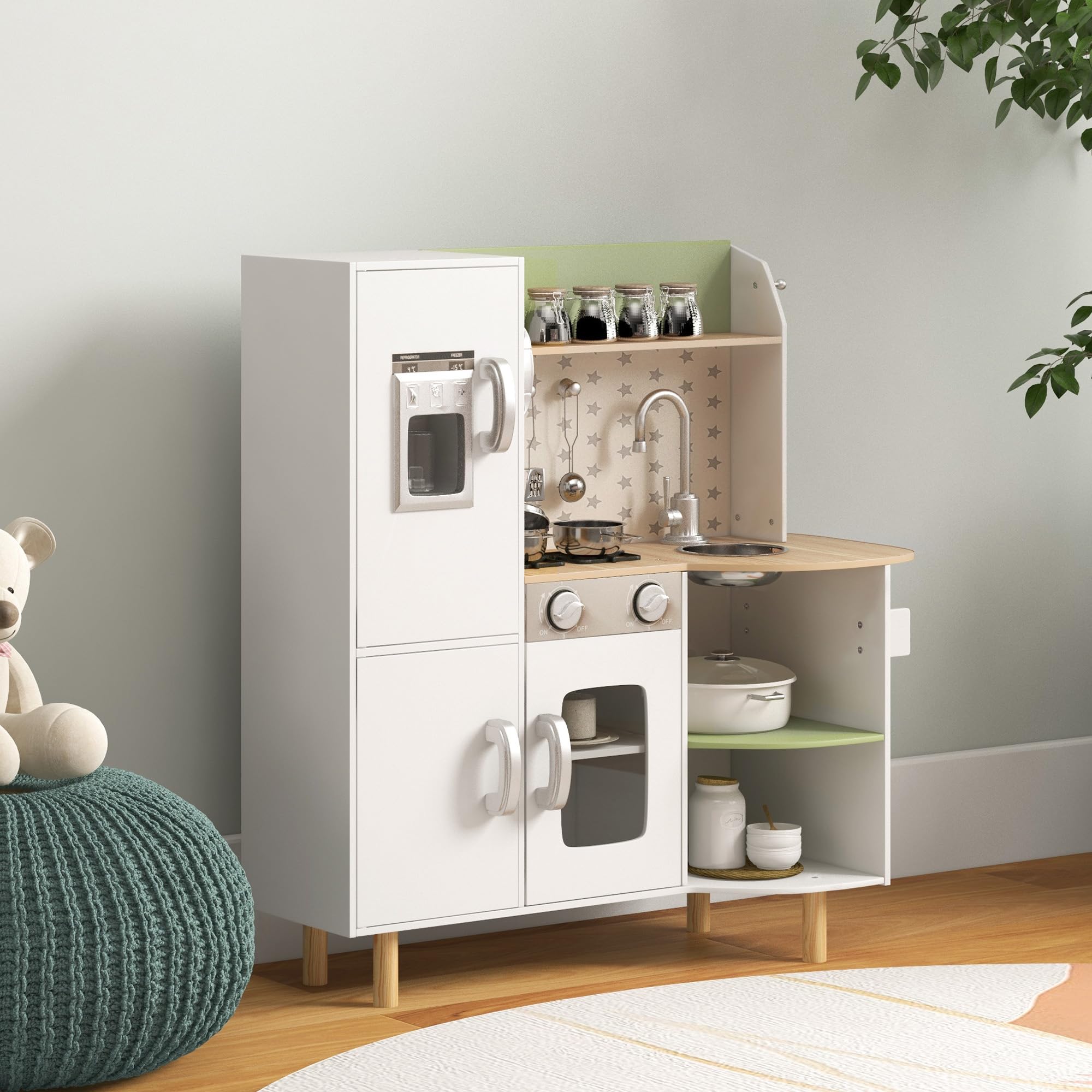 AIYAPLAY Cucina Giocattolo per Bambini 3-6 Anni con Macchina del Ghiaccio e Padelle, Cucina per Bambini con Ripiani e Armadietti per Utensili e Stoviglie, 84x34x89 cm, Bianco e Verde