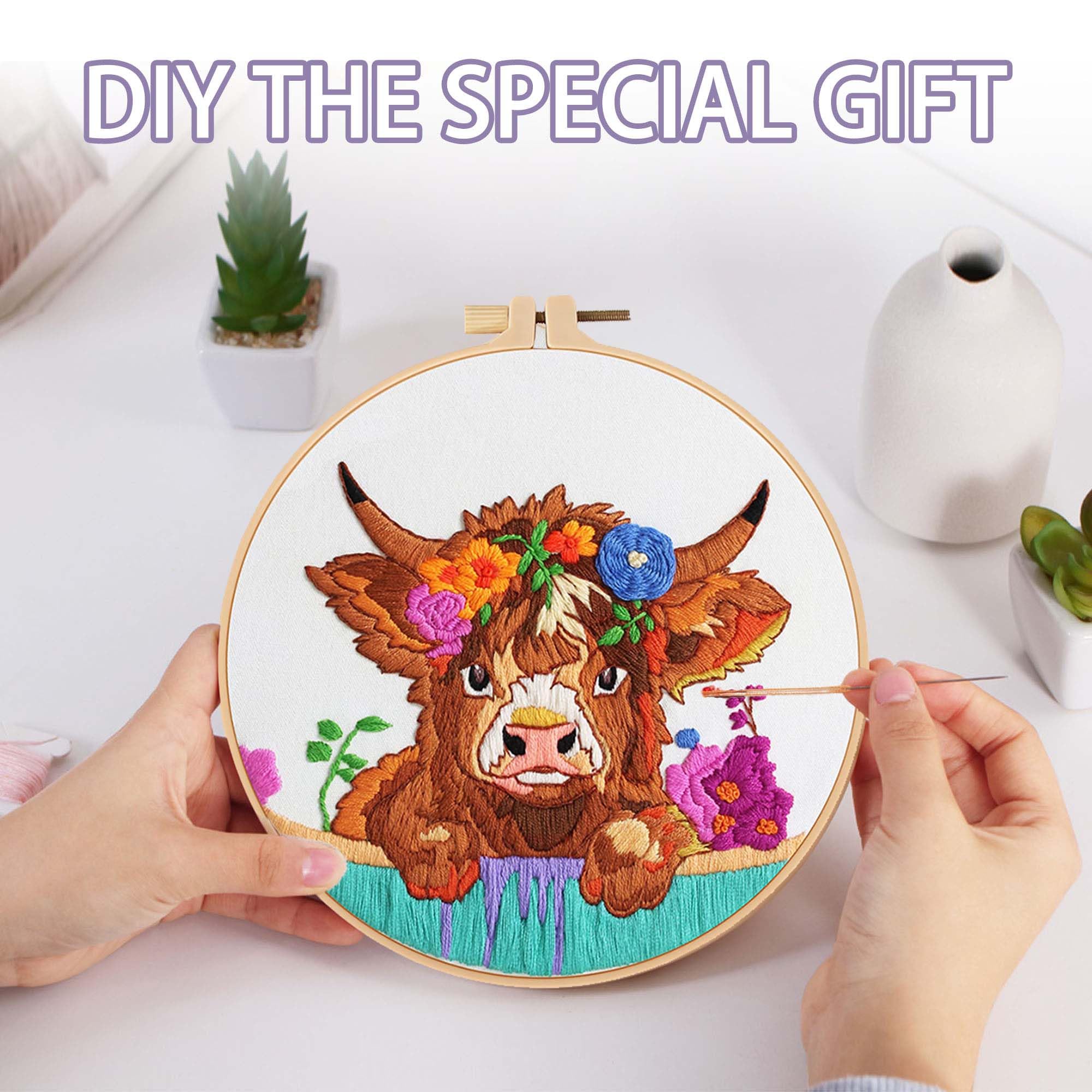 Offizon 2 PCS Embroidery Kit for Beginners, Cross Stitch DIY Craft Set, Embroidery Accessories & Hoop Included - Image 4