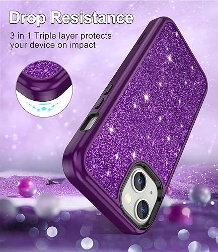 Miniatura 3 de CASEFIV Funda de mármol para iPhone 13, 3 en 1, resistente a los golpes, policarbonato duro y silicona, 6.1 pulgadas, purpurina púrpura oscuro