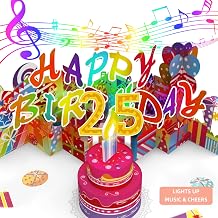 Gumry 25TH Musical Birthday PopUp Card, Blowable Colorful Light Candle 3D Cards with Song, Applause Cheers Sound, Greeting Cards Birthday Gifts Decorations for Women Men Turning 25 Years Old