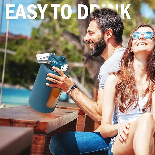 Miniatura 7 de Botella de agua de vidrio de 84 onzas con mango de acero inoxidable, botella de agua de 2.5 litros con tapa de popote 2 en 1, funda de silicona y