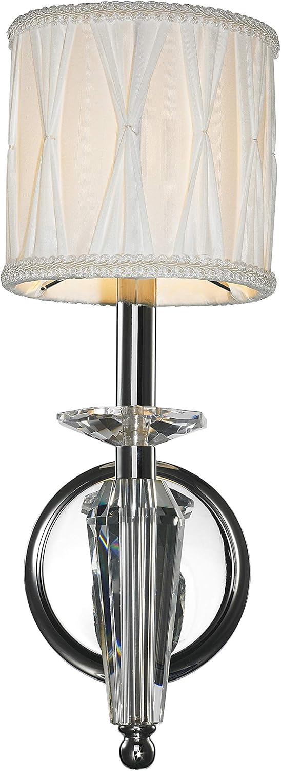 Gatsby Collection 1 Light Arm Chrome Finish and Clear Crystal Wall Sconce with White Fabric Shade 6" W x 16" H Small