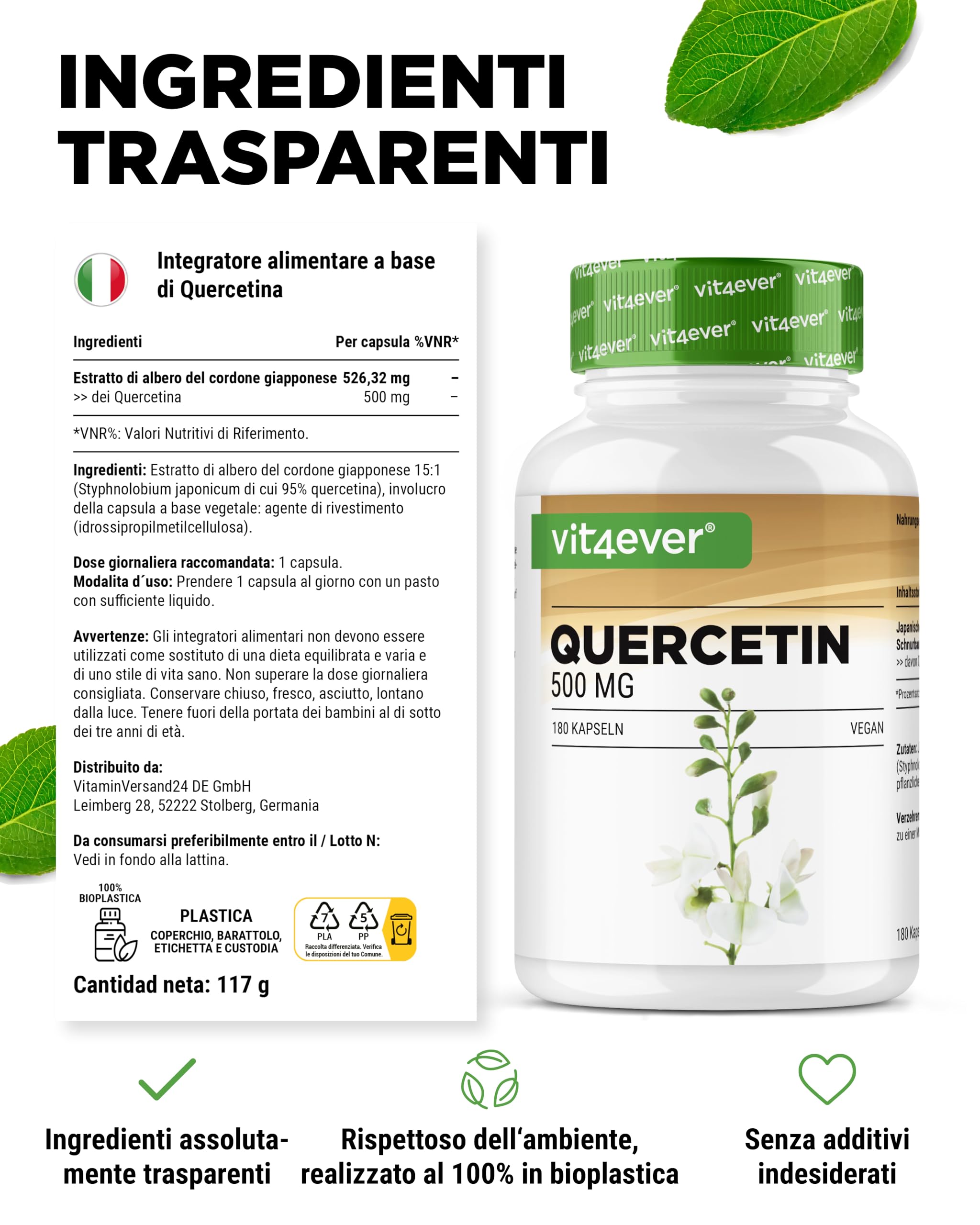 Quercetina - 500 mg - 180 capsule - Confezione per 6 mesi - Premium: estratto naturale di fiori di robinia in rapporto 15:1 con il 95% di quercetina - Altamente concentrato - Vegano